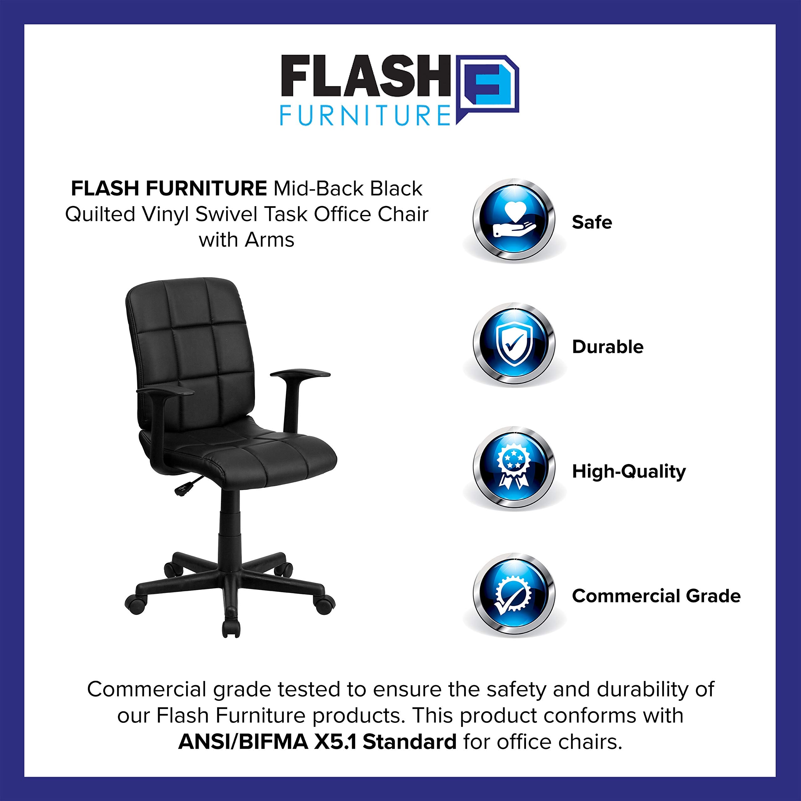 Flash Furniture Clayton Mid-Back Black Quilted Vinyl Swivel Task Office Chair with Arms
