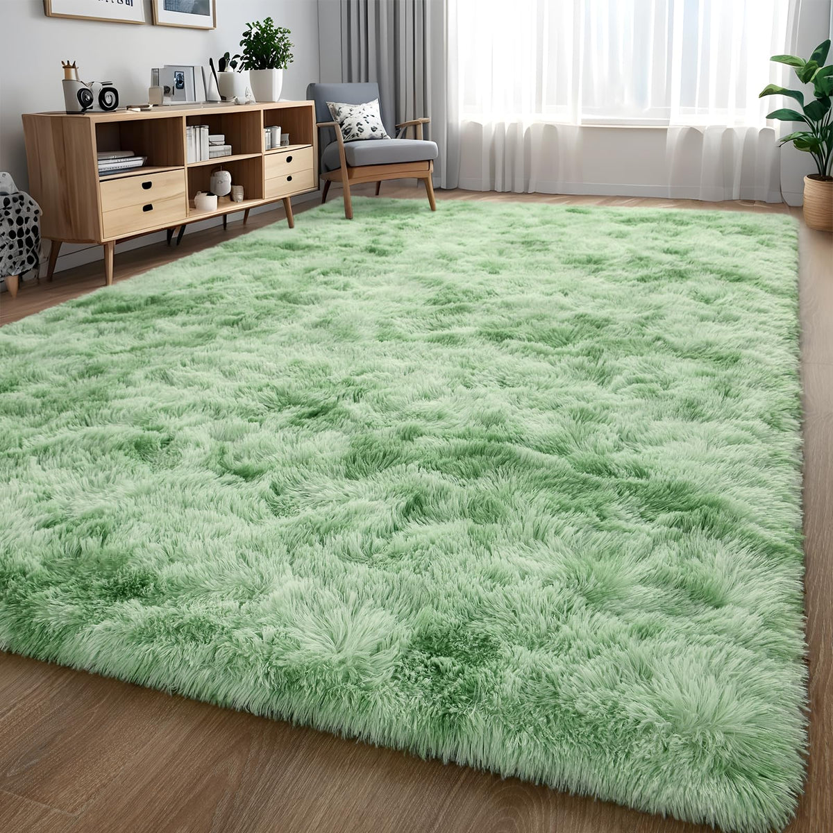 Larhom Fluffy Shag Area Rug, 4x6 Feet Sage Green Tie-Dyed Shaggy Fuzzy Carpets for Living Room, Ultra Soft Plush Rugs for Bedroo