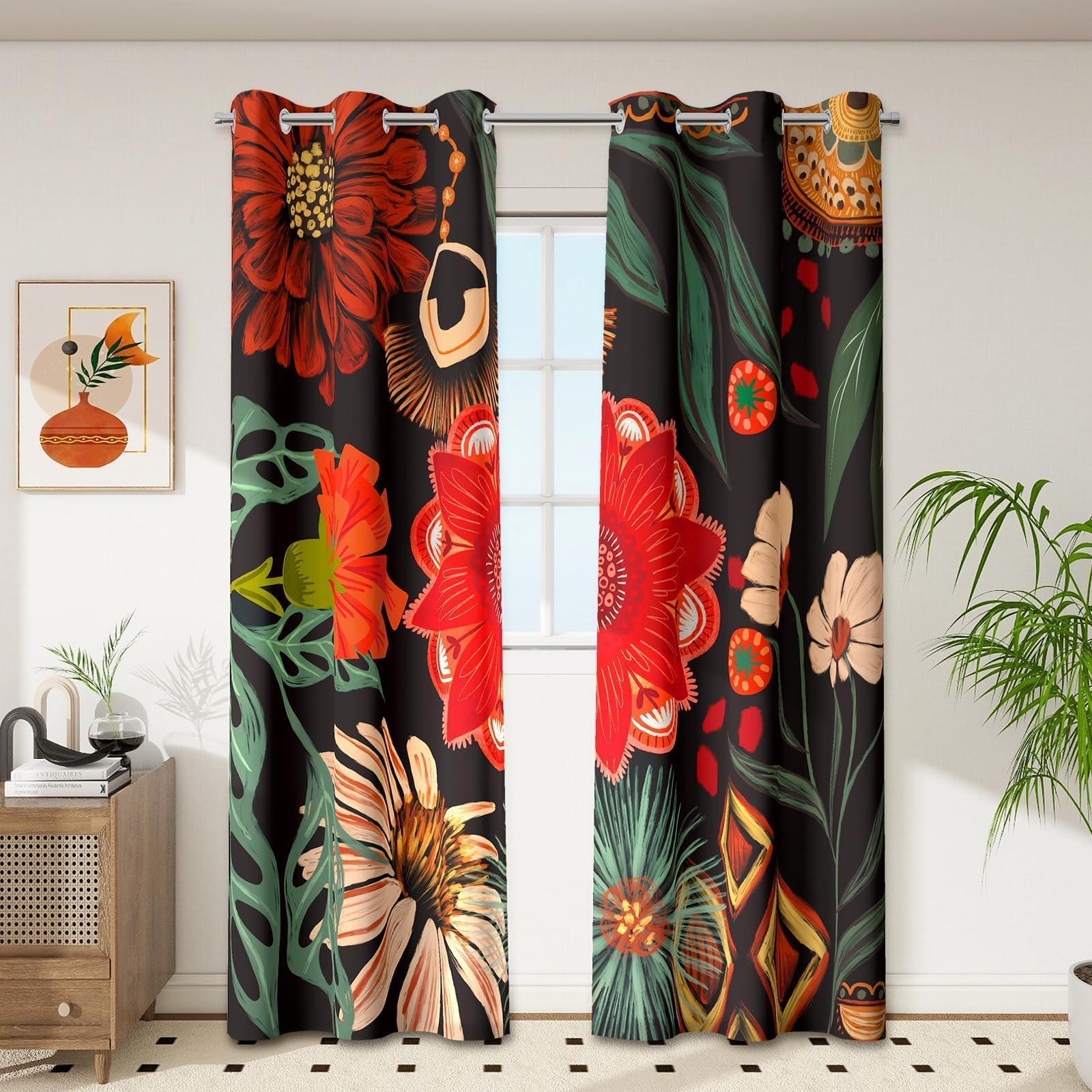 Tyrot Black Boho Floral 100% Blackout Curtains For Living Room 84 Inch Long 2 Panels Mid Century Botanical Black Out Curtains Fo