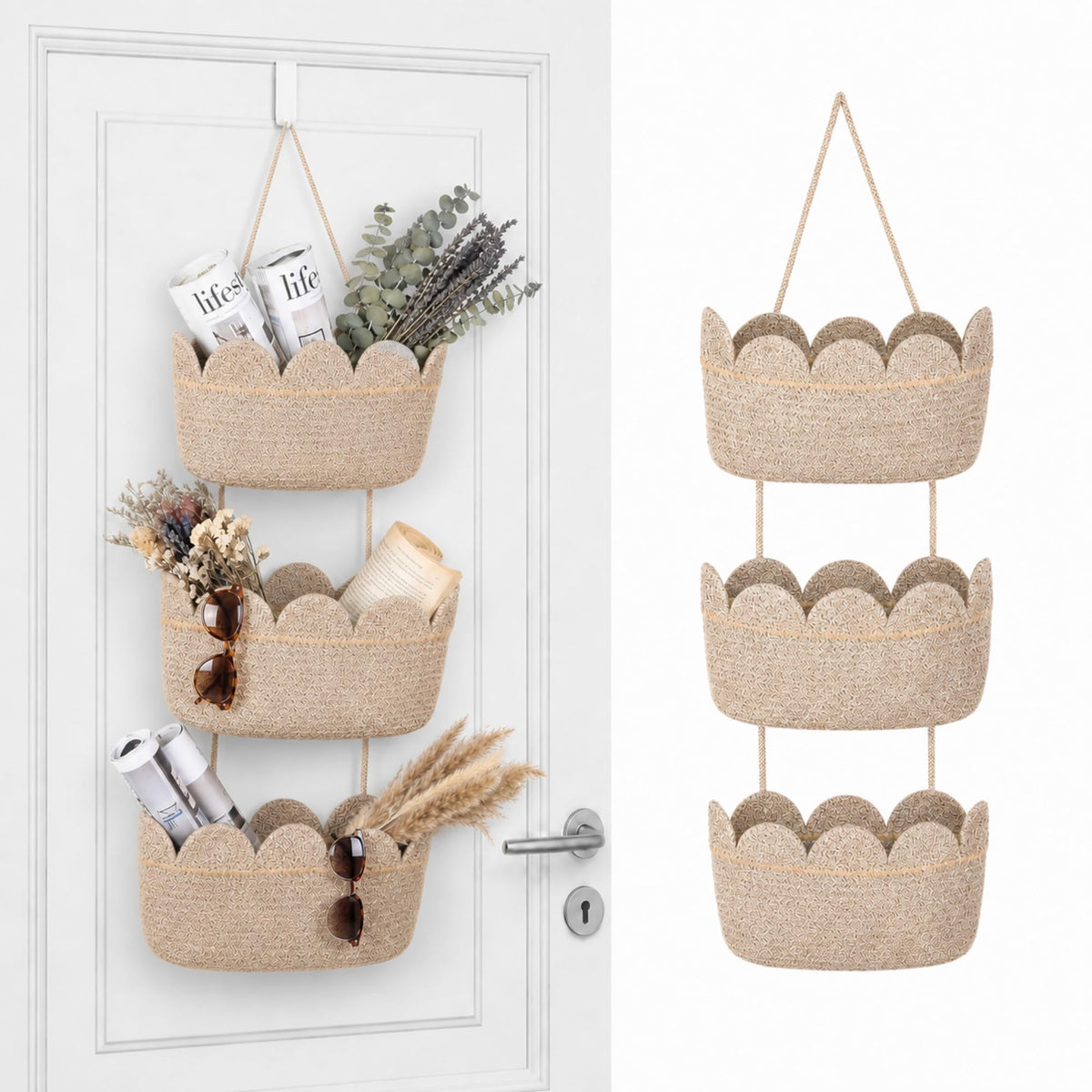 The Door Hanging Basket 3 Tier Scalloped Hanging Storage Basket, Brown