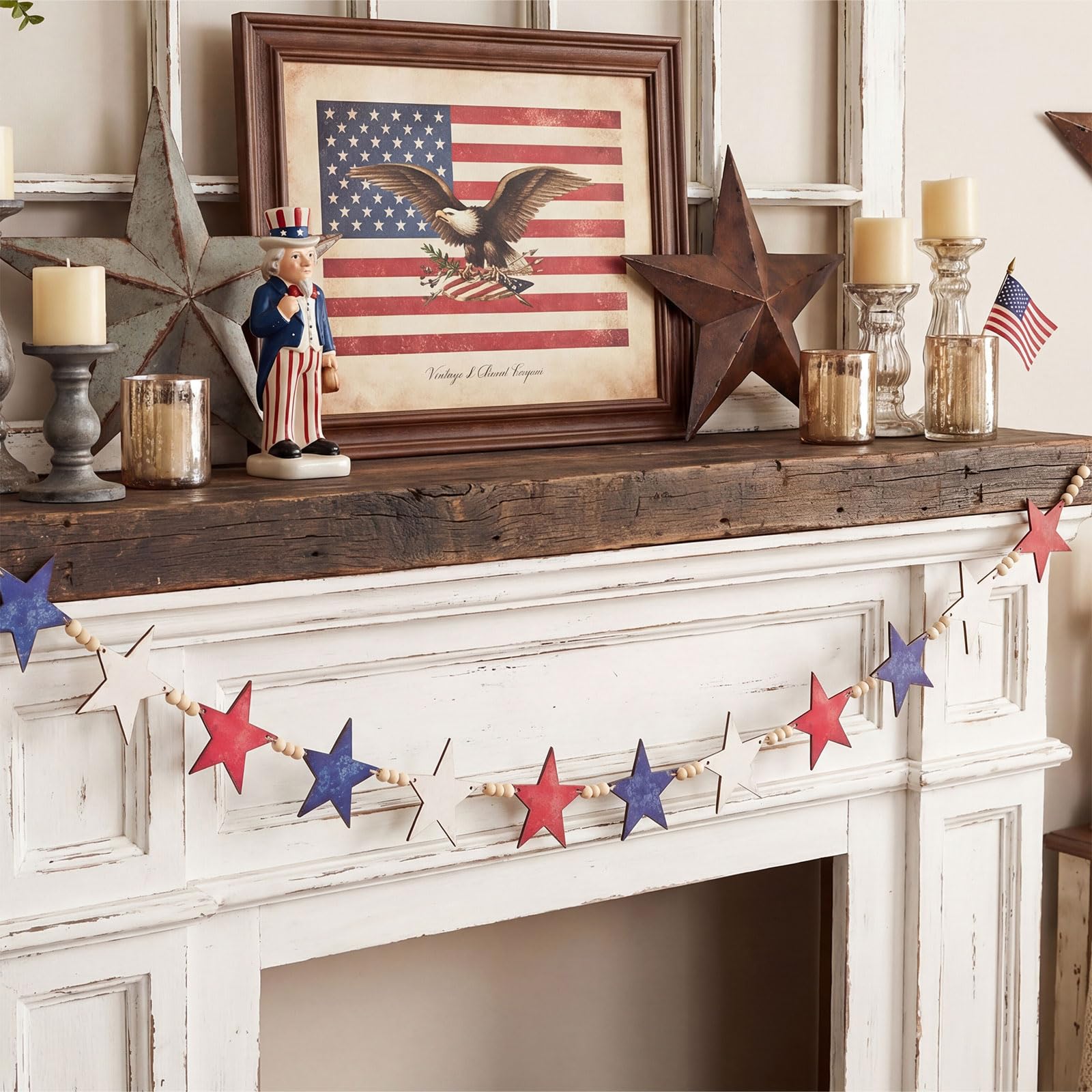 Vicenpal 6.8 ft 4th of July Decorations Patriotic Wooden Star Garland 250th Anniversary Decor Red White Blue Farmhouse Banner Me