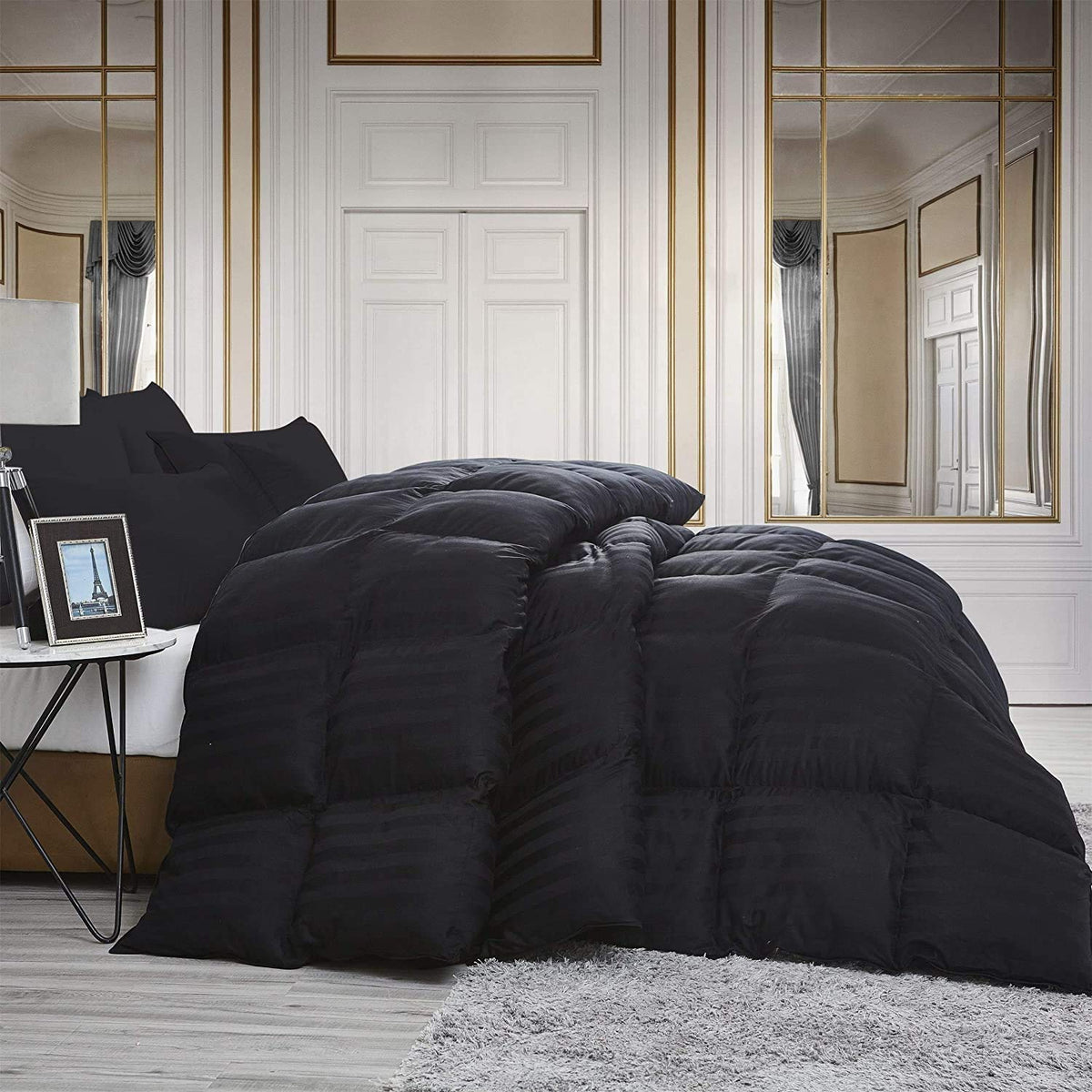 Luxurious All-Season Goose Down Comforter California King Duvet Insert, Black Stripe Damask Design, 1200 Thread Count 100% Egypt