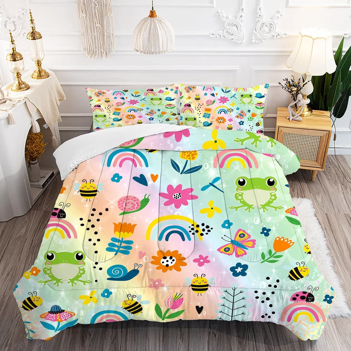 Fuyeun Rainbow Comforter Sets Twin Size Cartoon Floral Frogs Bedding Set For Girls Kids Children Boys Butterfly Flowers Bees Ins