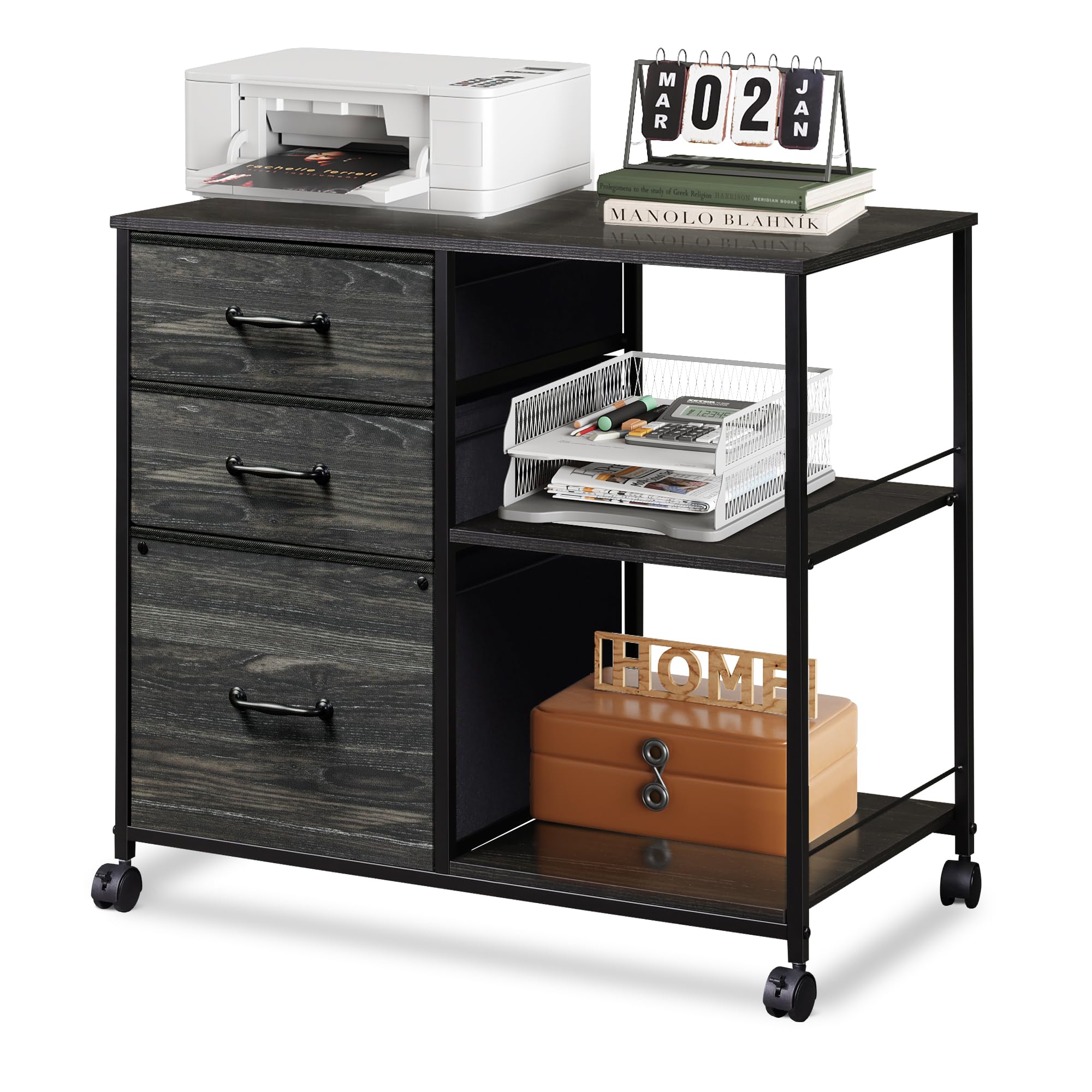 Devaise 3 Drawer Mobile File Cabinet, Rolling Printer Stand With Open Storage Shelf, Fabric Lateral Filing Cabinet Fits A4 Or Letter Size For Home Office, Charcoal Black Wood Grain Print