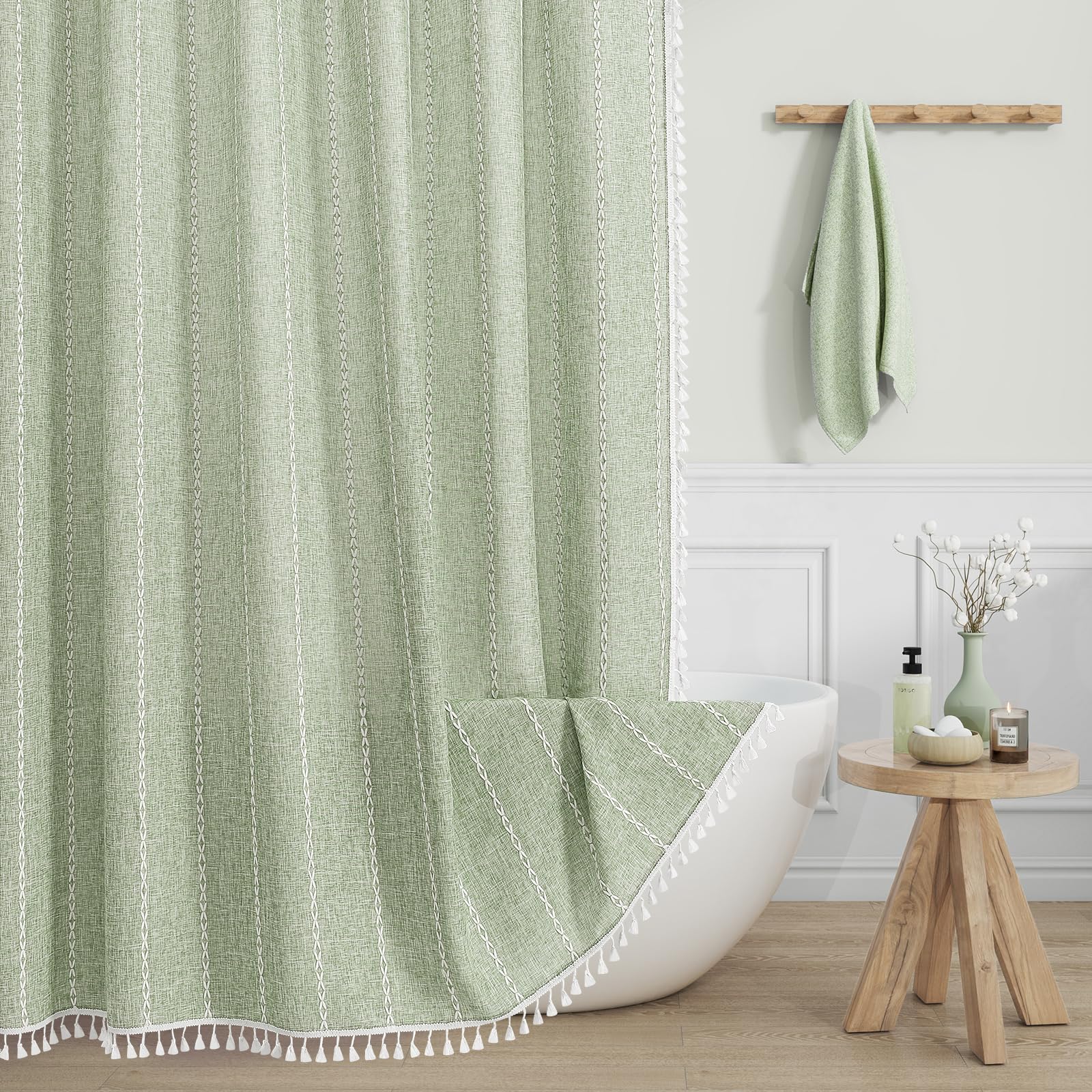 MitoVilla Sage Green Boho Extra Long Shower Curtain 72 x 84, Modern Farmhouse 84 inch XL Rustic Polyester Linen Tassel Heavy Dut