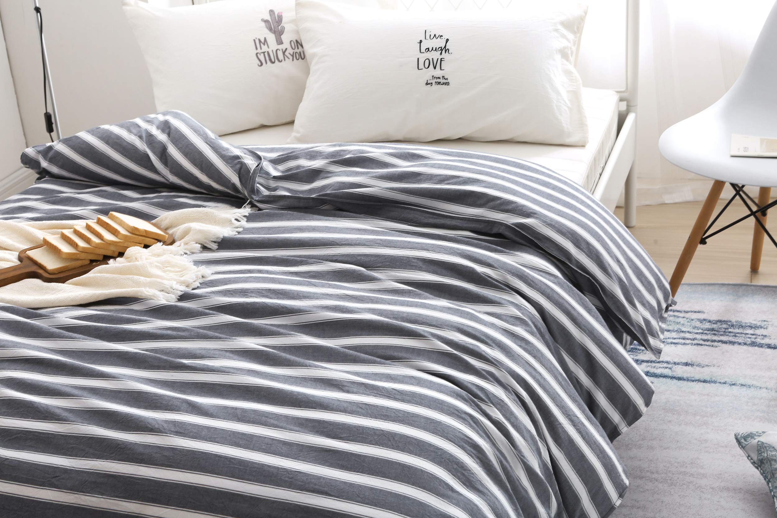 F.Y.Dreams 100% Washed Cotton Duvet Cover For Weighted Blanket 60X80 Inches With 8 Ties, Zipper On Long Side/Stripe Grey/Just Du