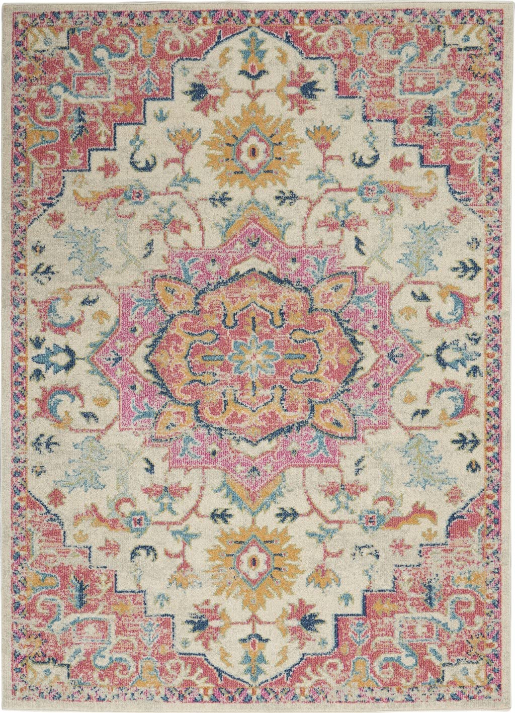 HomeRoots Ivory/Pink Polypropylene 4’ x 6’ Ivory and Pink Medallion Area Rug