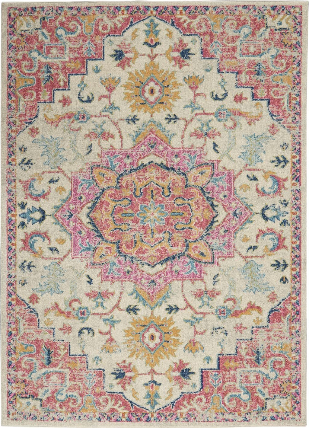 HomeRoots Ivory/Pink Polypropylene 4’ x 6’ Ivory and Pink Medallion Area Rug