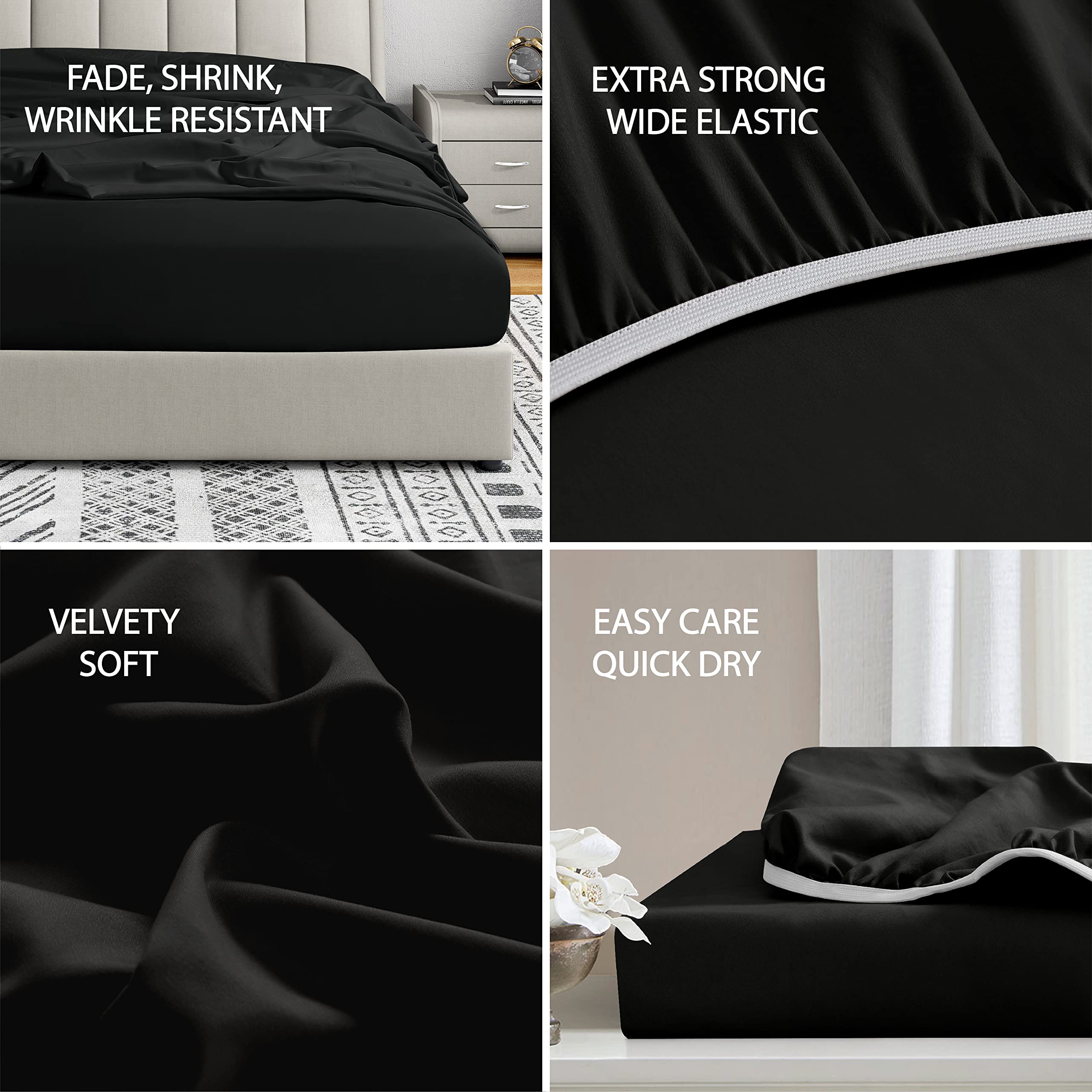 Cathay Home Full Fitted Sheet - Double Brushed Ultra Soft – Wrinkle & Fade Resistant - 14' Standard Pocket Fitted Sheet Only - Good Fit For 12'-16' Deep Mattress (Full, Black)