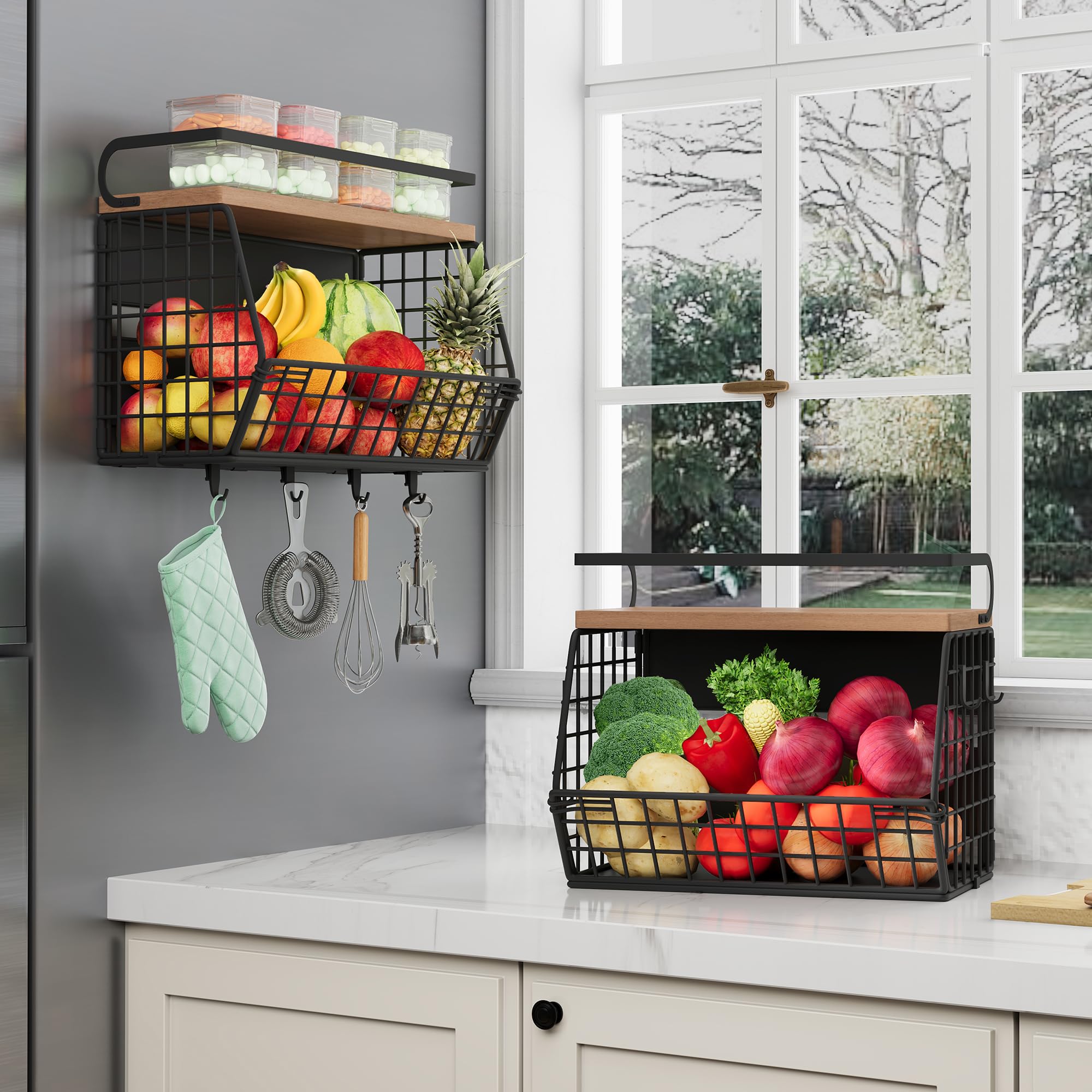 Clothink 2 Set Magnetic Shelf For Fridge, Onion And Potato/Spice/Snacks/Fruit And Vegetable Storage And Organizer, Wire Basket F