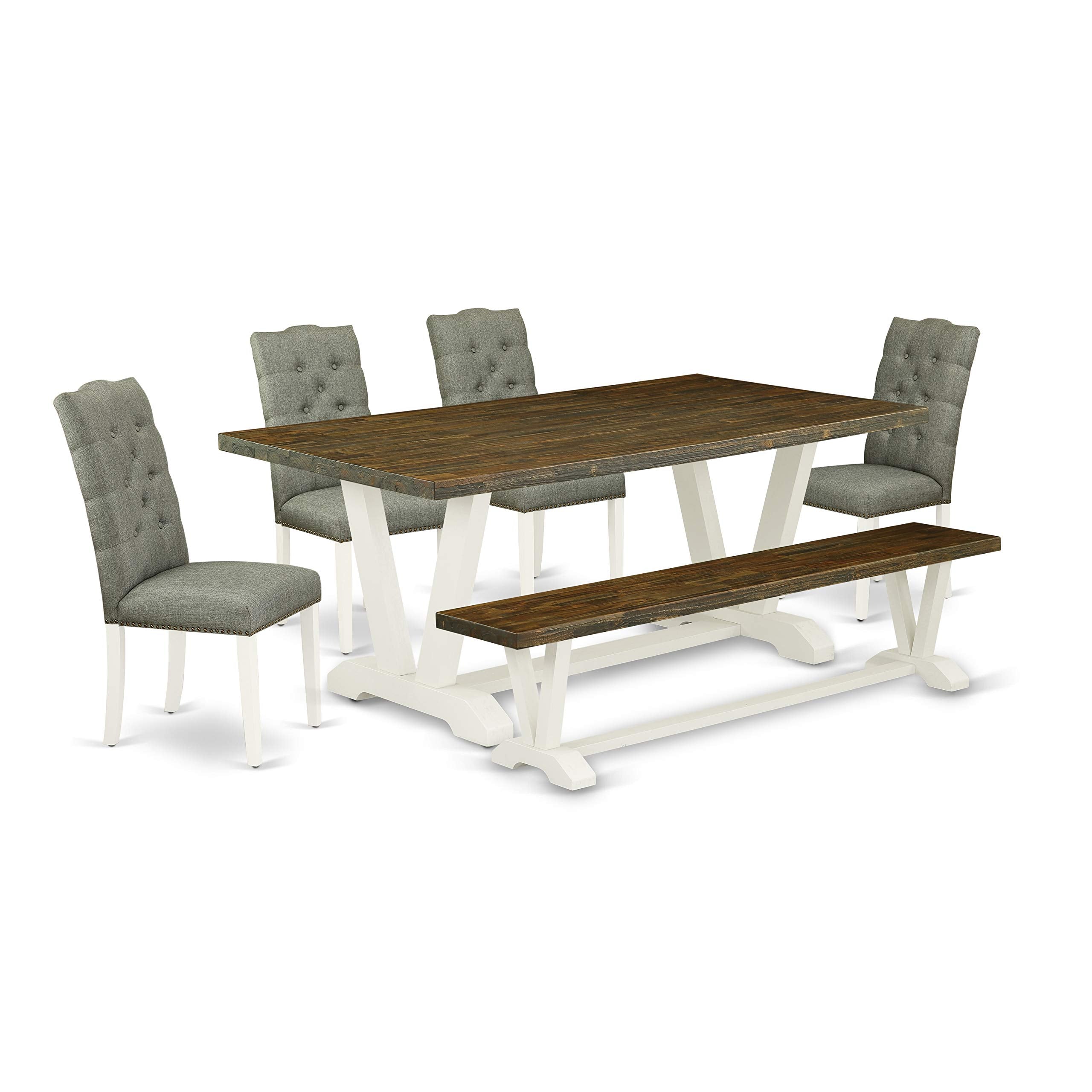 East West Furniture V-Style 6 Piece Set Contains A Rectangle Dining Room Table With V-Legs And 4 Gray Linen Fabric Parson Chairs With A Bench, 40X72 Inch, V077El207-6