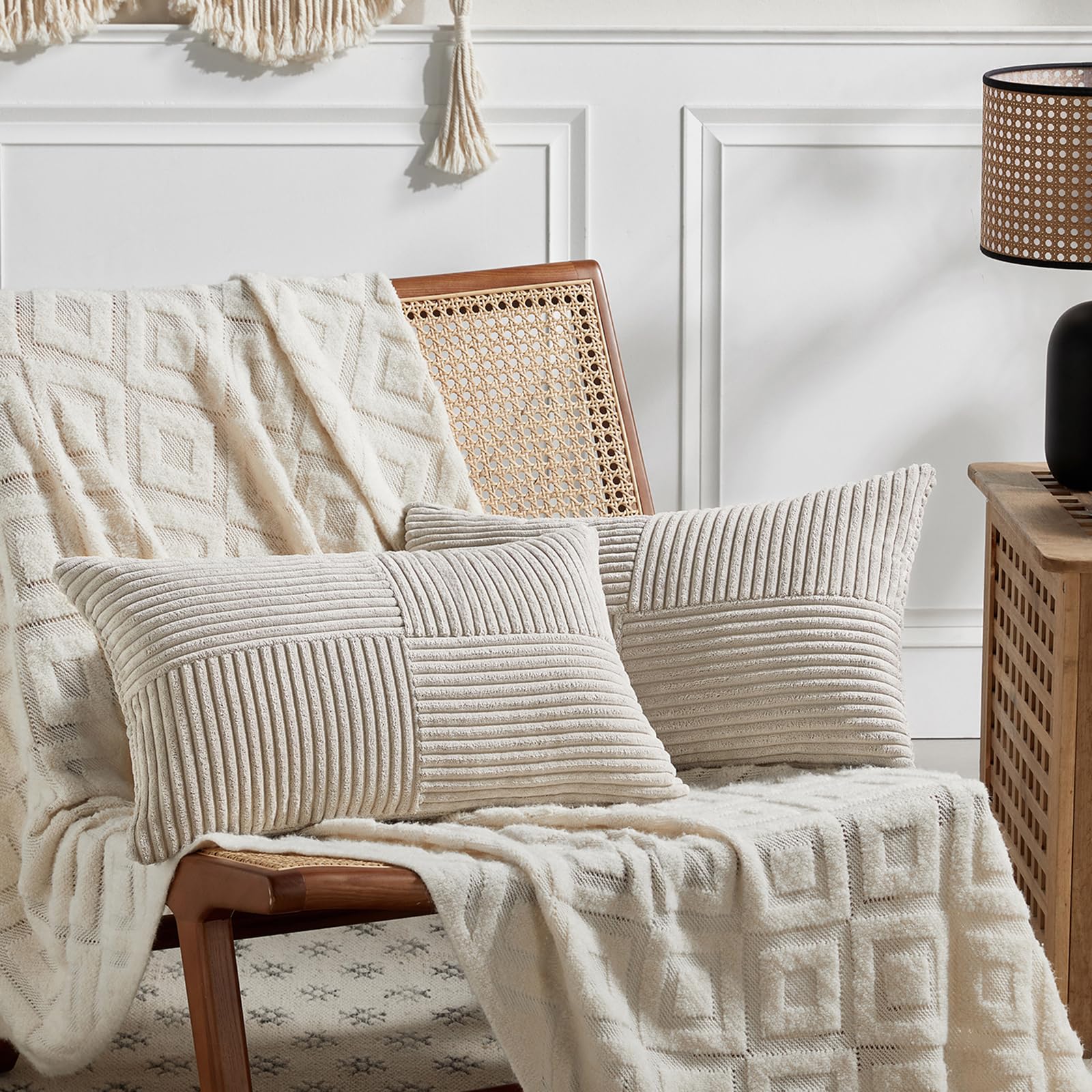 Fancy Homi 2 Packs Neutral Taupe Lumbar Decorative Throw Pillow Covers 12X20 Inch For Living Room Couch Bed Sofa, Farmhouse Home