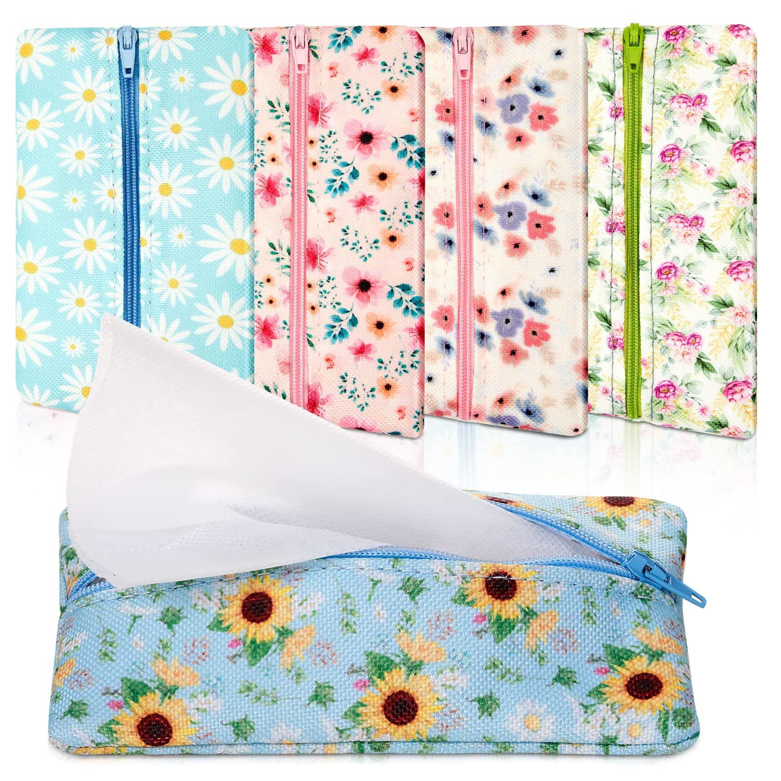 5 Pieces Tissues Purse Pocket Tissue Holder Reusable Travel Tissue Pouch Fabric Zipper Enclosed Small Size Daisy Pattern Tissue 