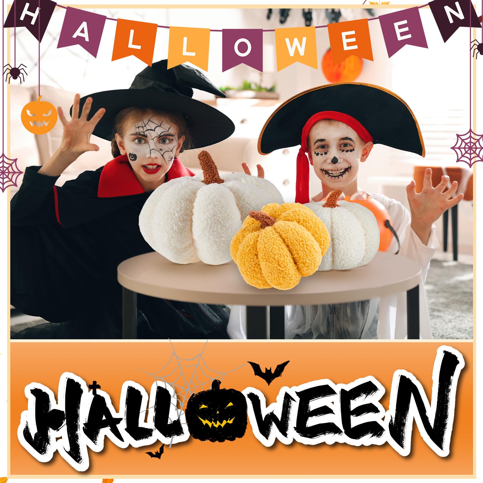 Juexica Halloween Stuffed Pumpkin Fluffy Plush Toy 3D Shaped Decorative Thanksgiving Pillow Soft Cute Throw, 11 Inch, 7 Inch(Whi
