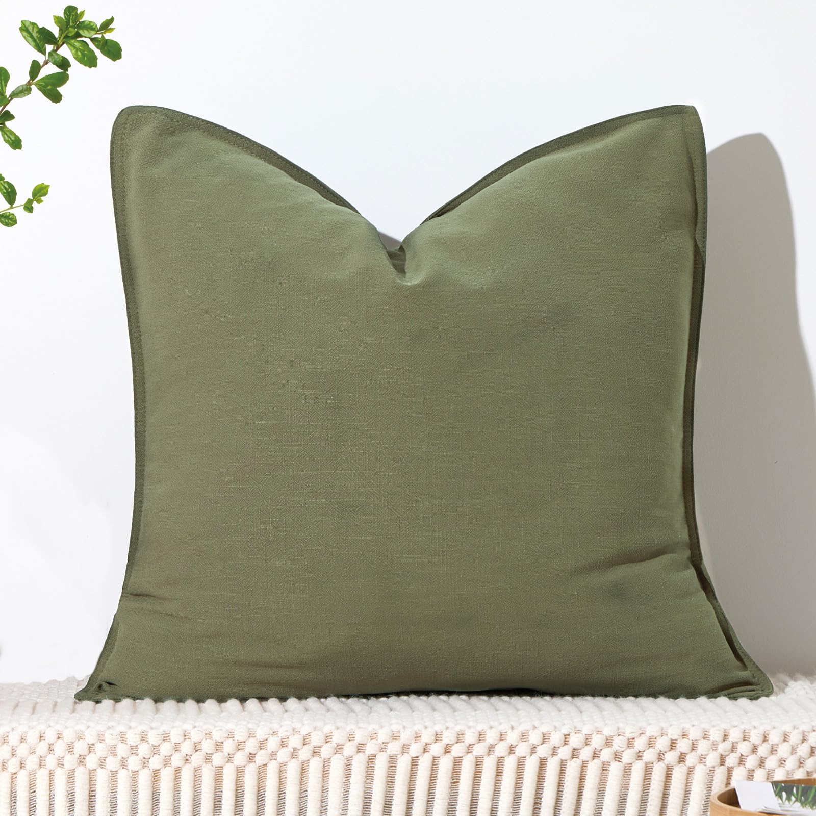 ORTIGIA 26x26 Linen Flange Edge Pillow Cover, Olive Green Decorative Square Throw Pillow Covers, Farmhouse Vintage Boho Solid Co