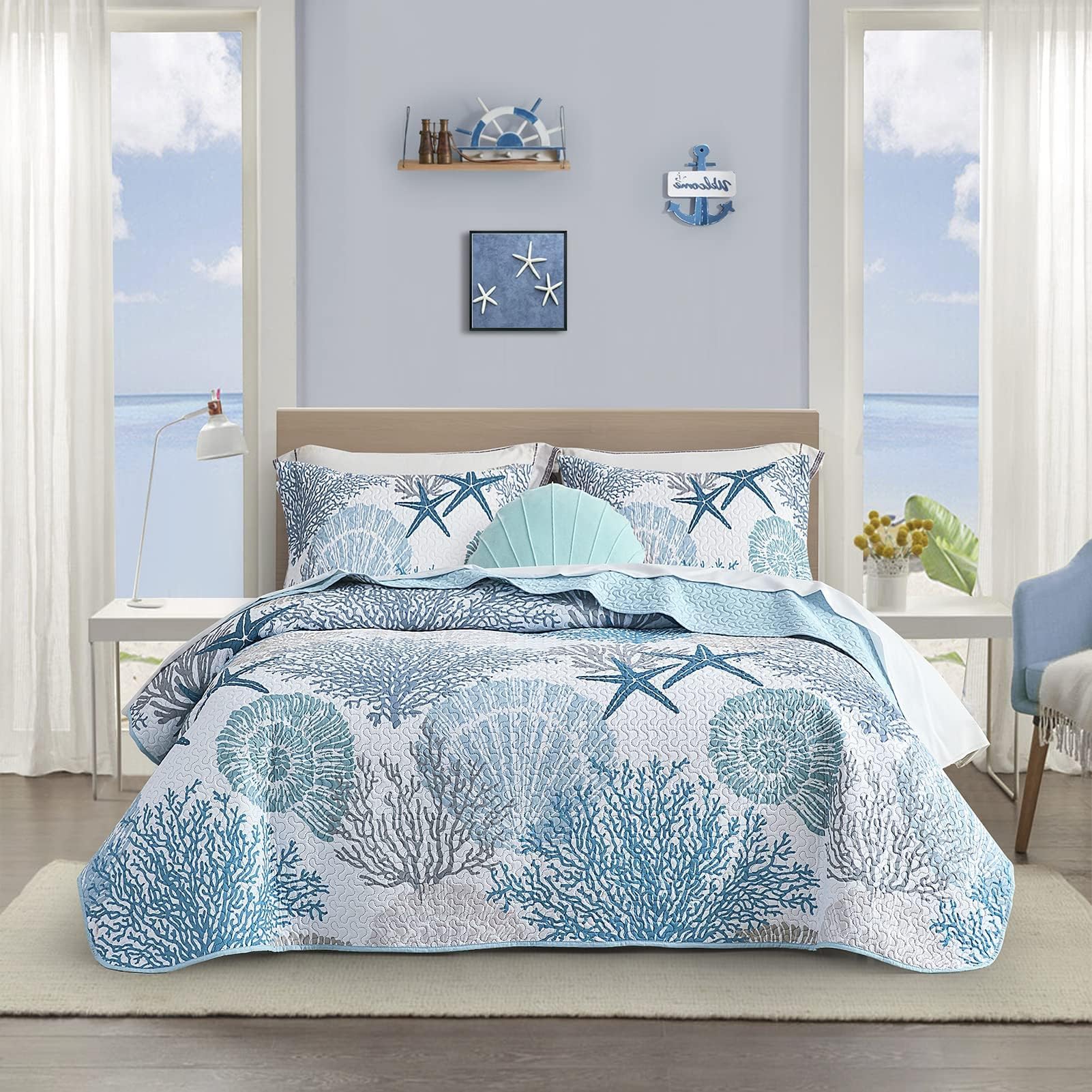Tritard 2 Piece Coastal Quilt Sets Twin Size - Reversible Microfiber Quilts With 1 Sham Soft Lightweight Beach Bedding Nautical