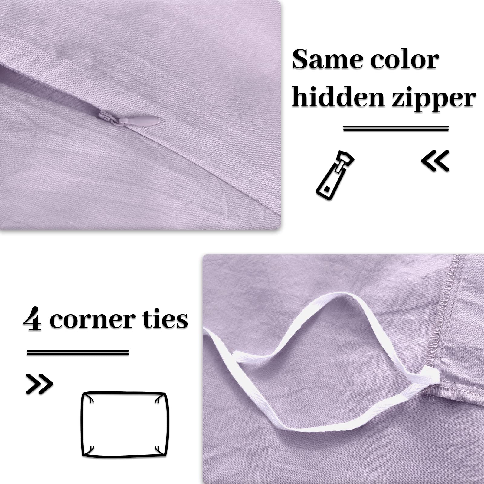 Nexhome Pro Duvet Cover Set 100% Washed Cotton Oversized Queen 98'X98', Organic Natural Linen Look Textured 3 Pieces Bedding Set Lavender Lilac With Zipper Closure, Breathable, Soft (No Comforter)