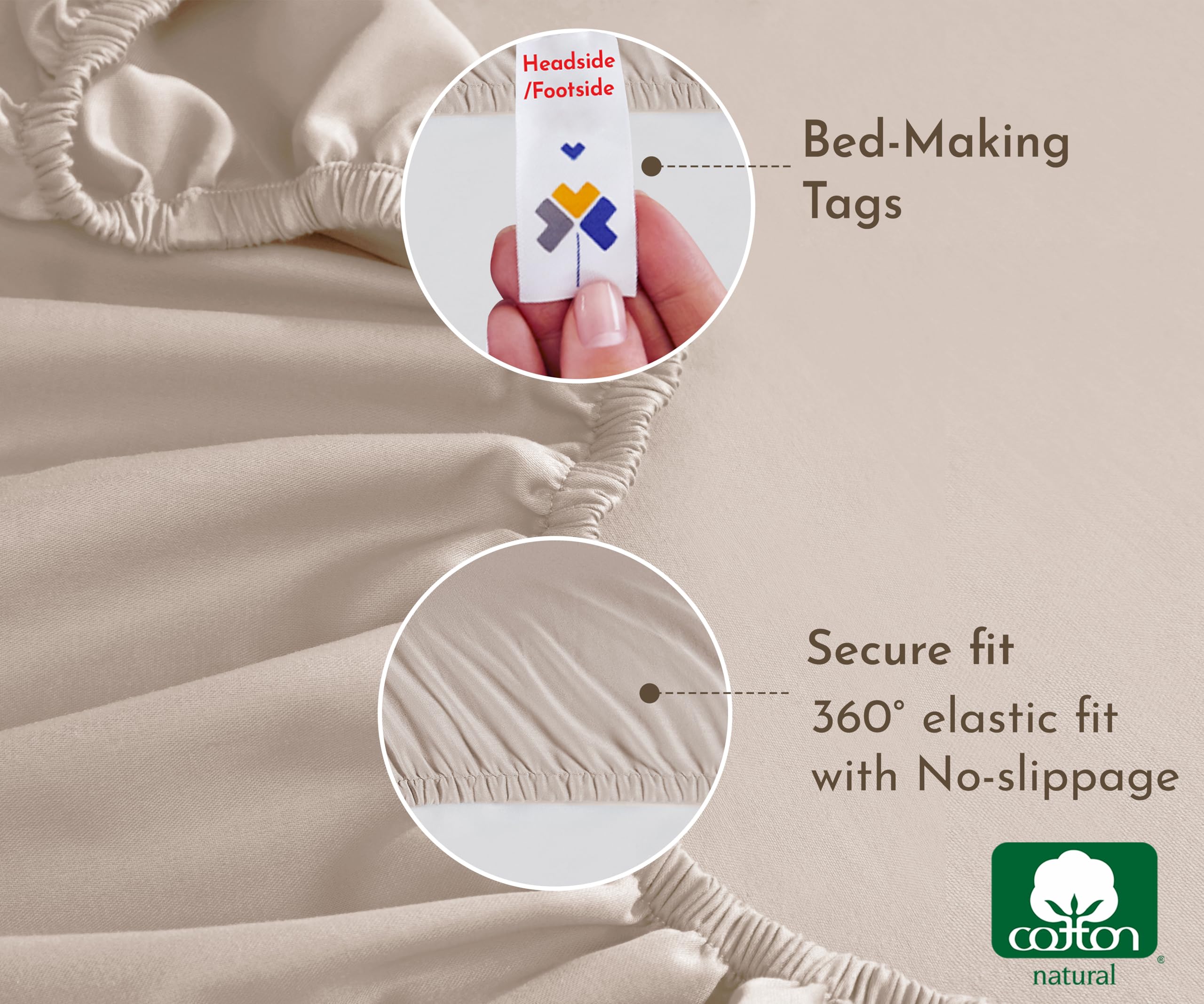 California Design Den Queen Fitted Sheet Only, Soft 100% Cotton Sateen, Deep Pocket, Durable All-Around Elastic, Head/Foot Side Indicators, Beige Fitted Sheet Queen