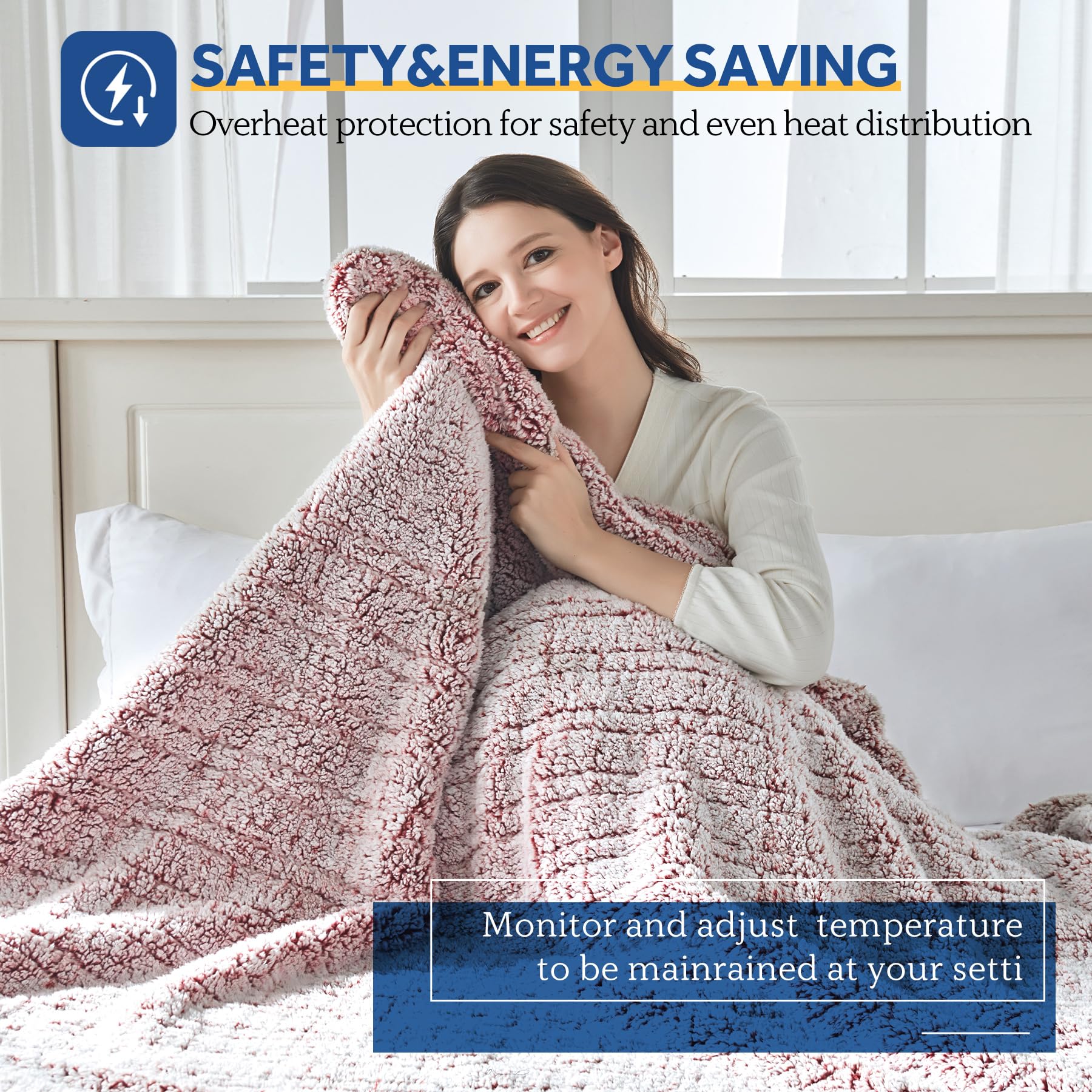 Sealy Electric Blanket Twin Size, Soft Sherpa Heated Blanket Single Control With 10 Heating Levels & 1 To 12 Hours Auto-Off Sett