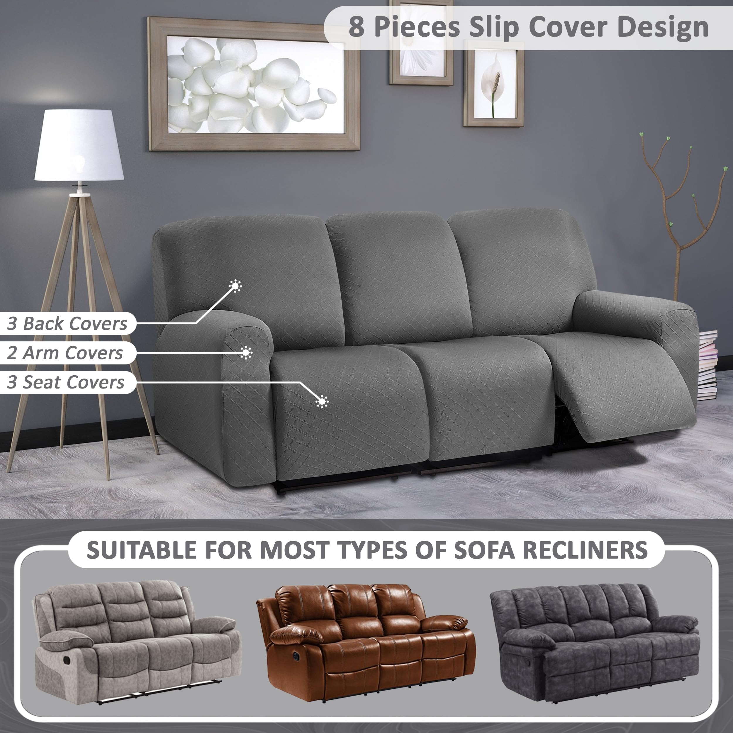 Ulticor Squared Jacquard Design 8-Pieces Recliner Sofa Covers Stretch Reclining Couch Covers For 3 Cushion Reclining Sofa Slipco