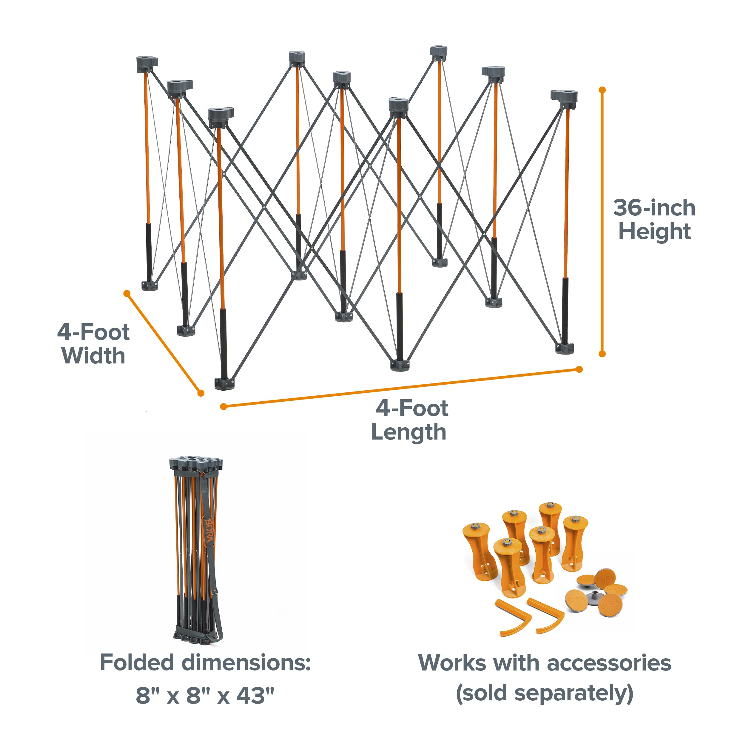 Bora Centipede Ct9 36 Inch Tall Portable Folding Workstand Workbench With Carry Strap, Collapsible, Construction Table, Support, Sawhorse, 4Ft X 4Ft, 36 Inch Work Height, 3500Lb Weight Capacity,Orange
