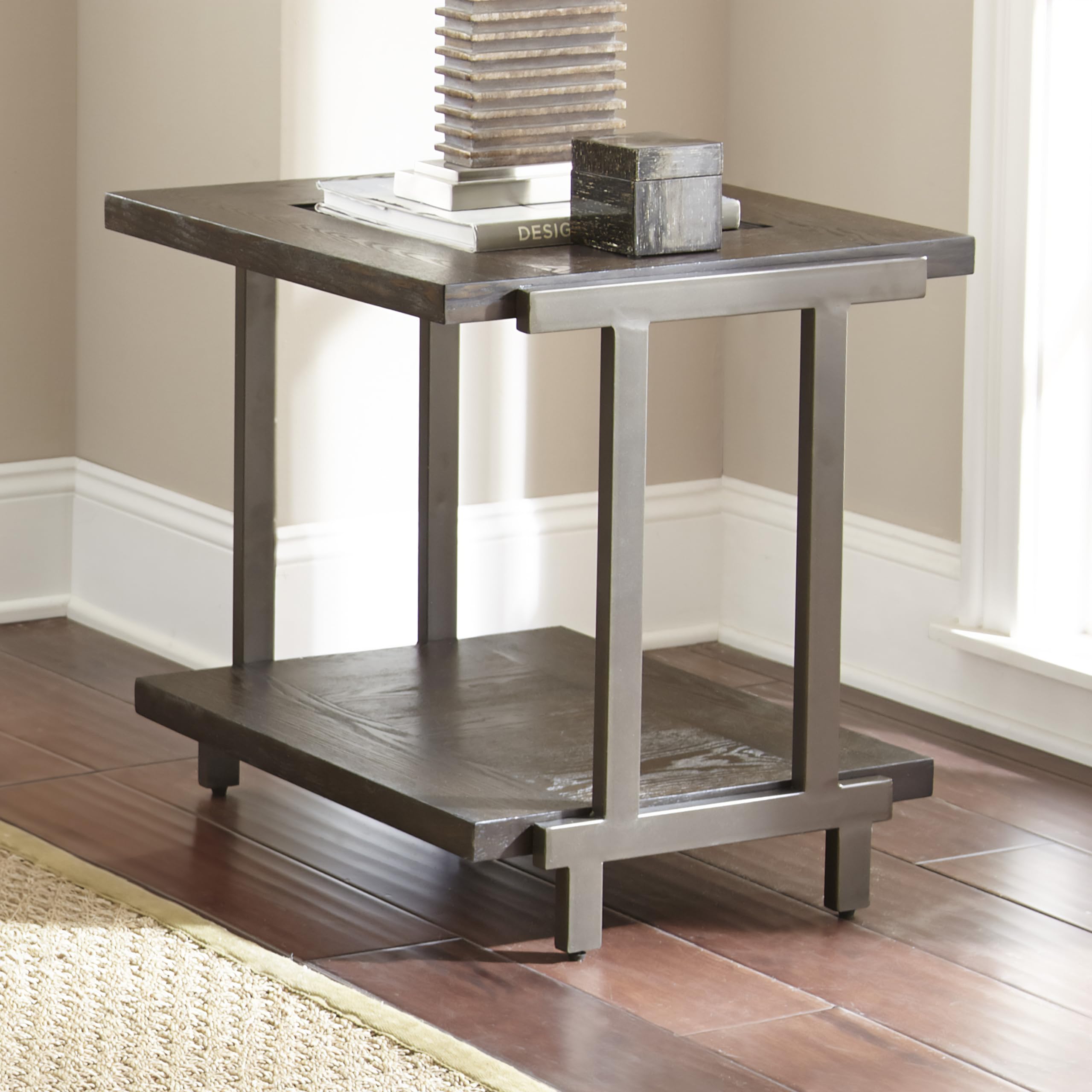 Steve Silver Furniture Terrell End Table, Rustic Industrial Design, Tempered Glass, Wood Top, Iron Frame, Smoky Brown Finish, for Living Room, Home Office, 24&quot; L x 24&quot; W x 24&quot; H, Brown