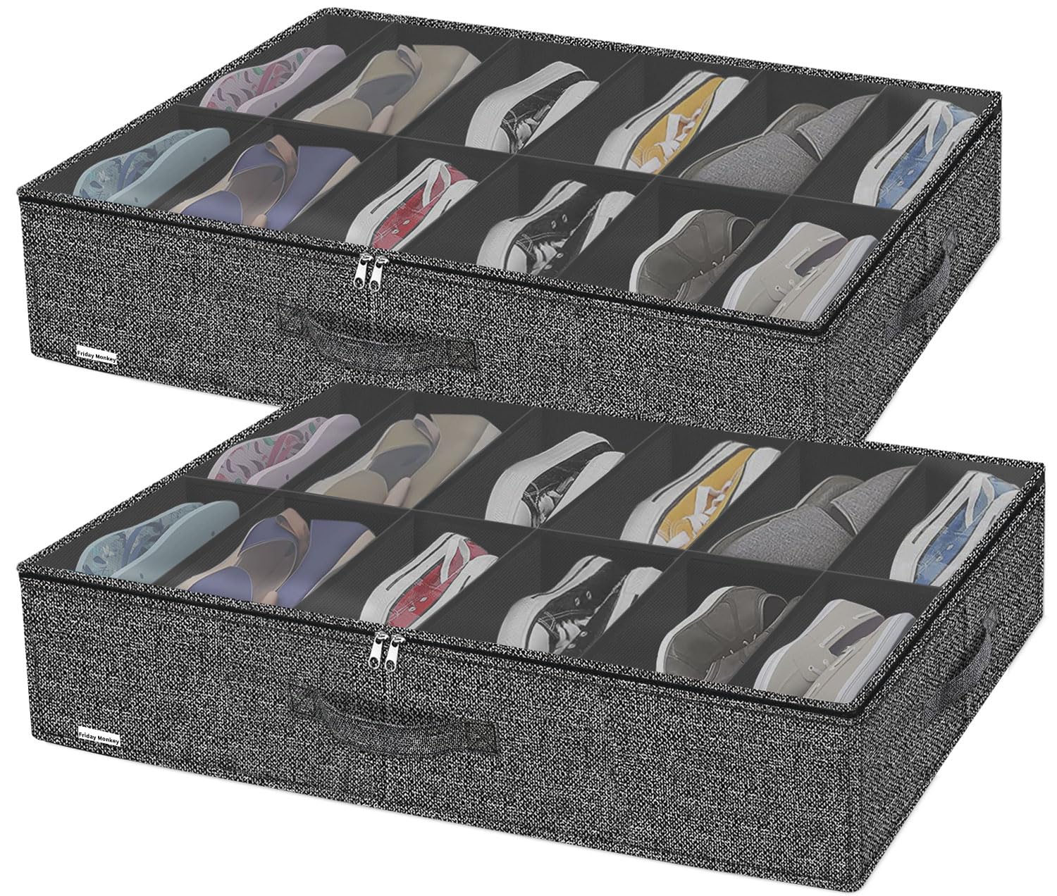 Friday Monkey Sturdy Closet Under Bed Shoe Organizer Set Of 2 (Fit 12+12 Pairs), Foldable Underbed Shoe Storage Box Bin With Zip