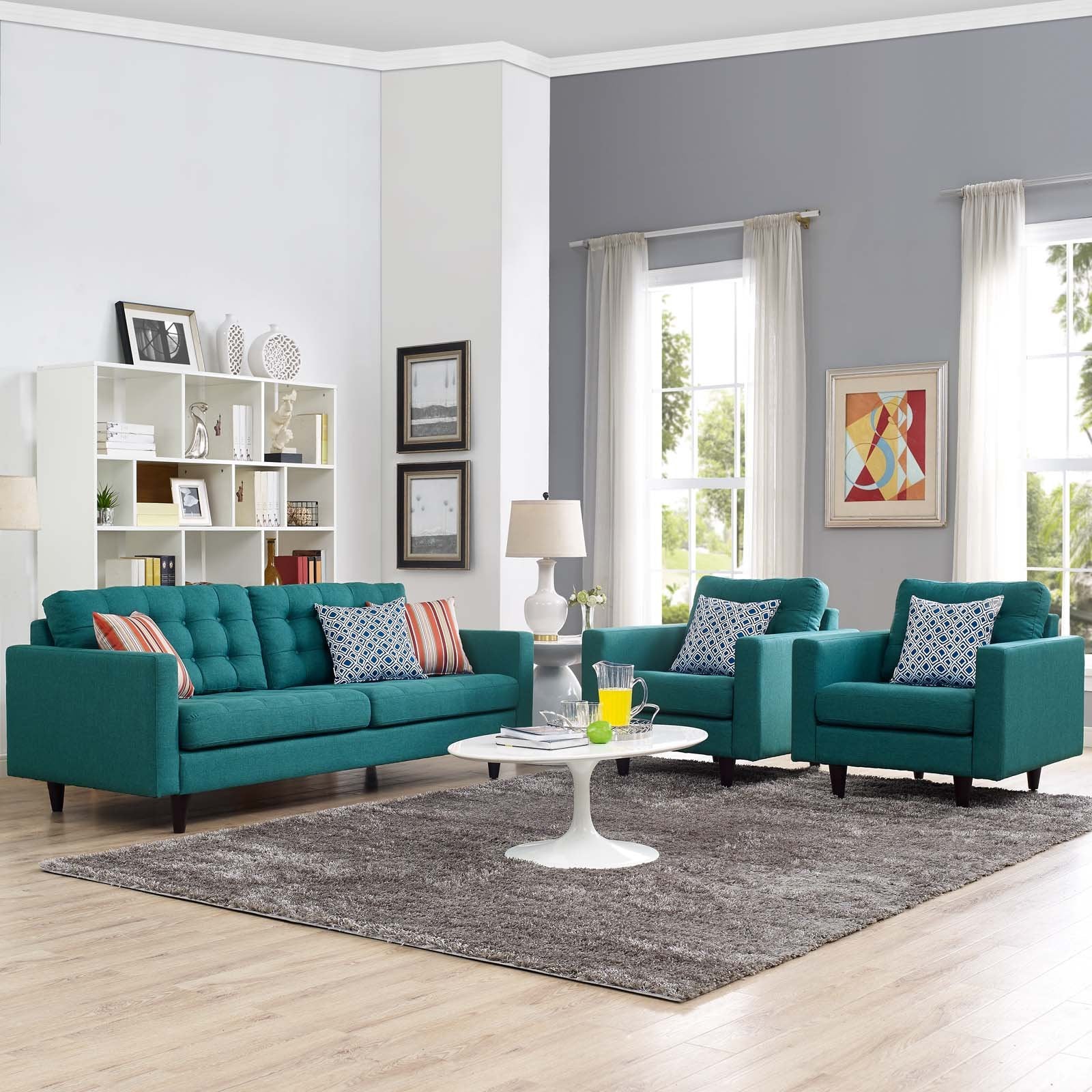 Modway Empress Mid-Century Modern Upholstered Fabric Sofa And Two Armchair Set In Teal