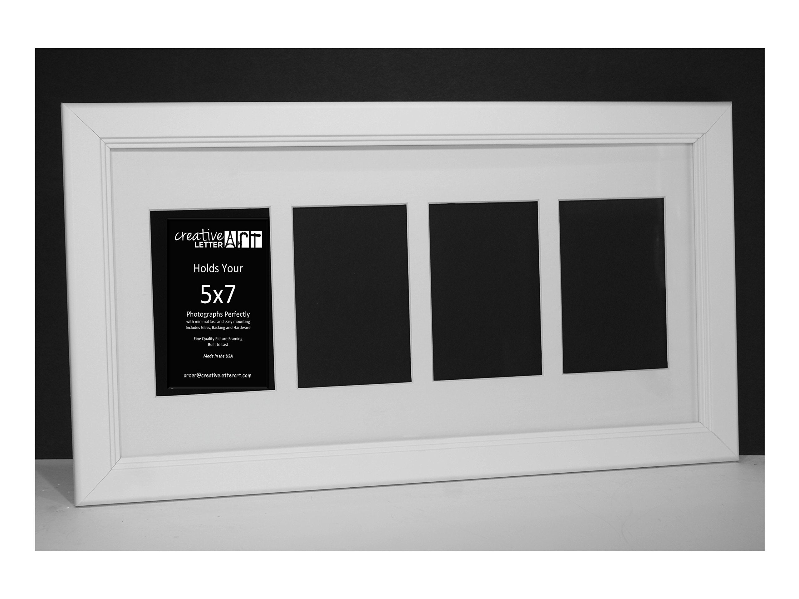 Creative Letter Art 4 Opening Glass Face White Picture Frame to hold 5 by 7 inch Photographs including 10x24-inch White Mat Coll