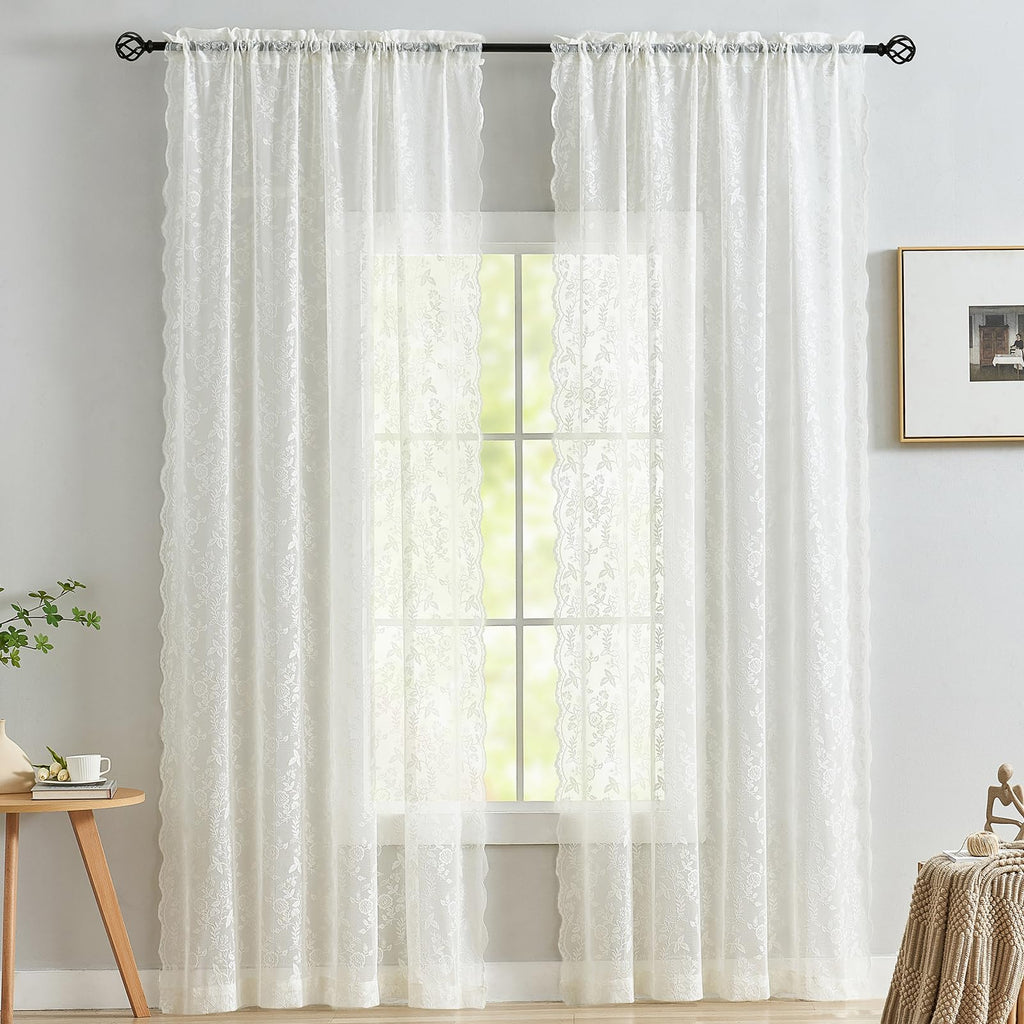Finecity Lace Curtains 90 Inches Long For Living Room, Rustic Leaf Floral Design Lace Curtain Panels, Rod Pocket Vintage Privacy