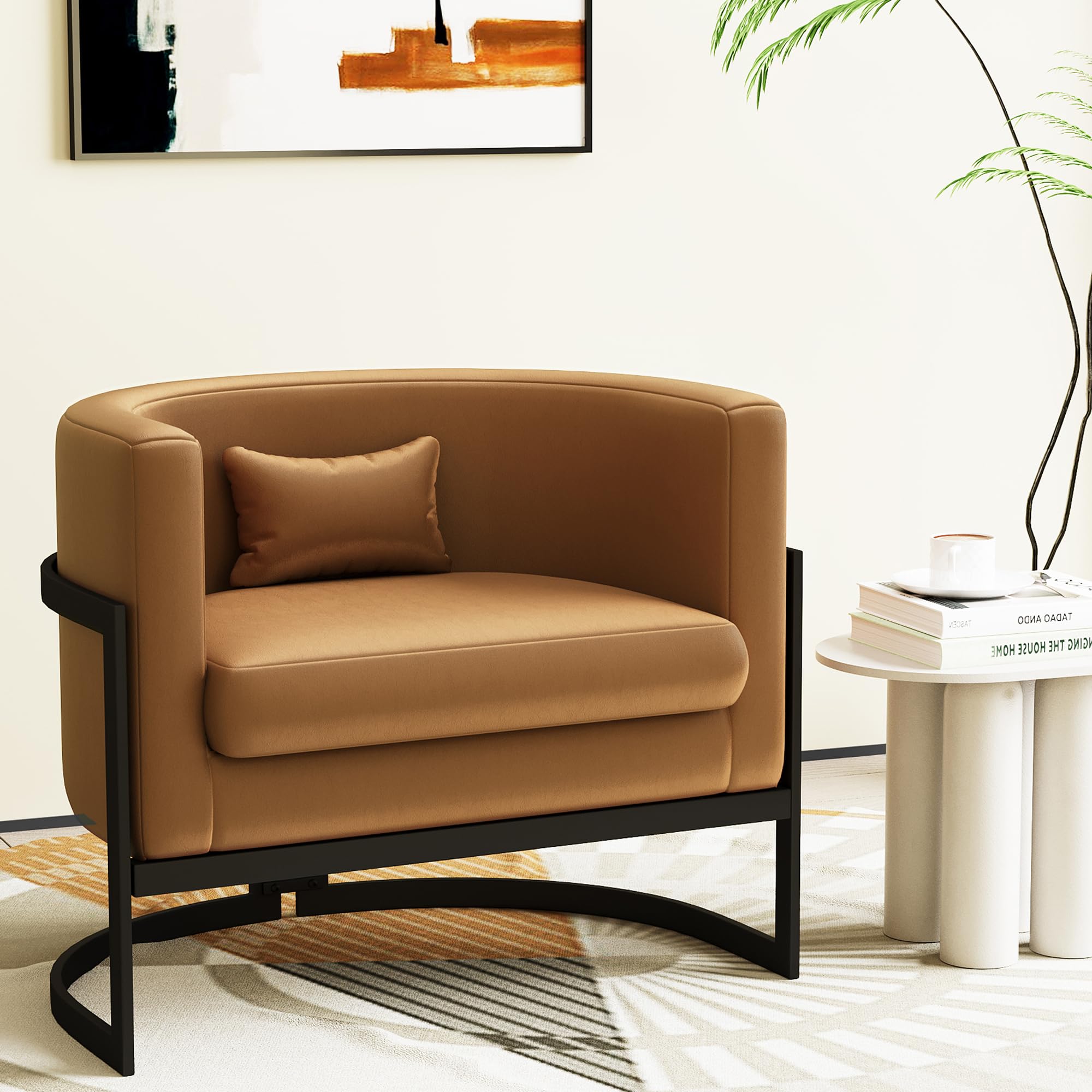 Upholstered Modern Living Room Chairs Barrel Accent Chair, Faux Leather Armchair Mid Century Lounge Chair Anti Scratch Sofa Tub