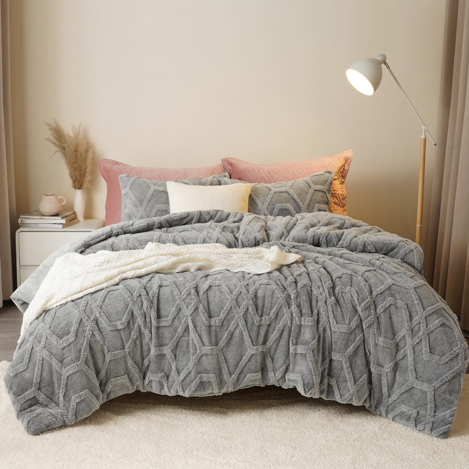 Phf Warm Sherpa Fleece Twin Comforter Set, 3D Tufted Fluffy Grey Bedding For Winter, Soft 2 Pieces Shaggy Bed Set, 1 Comforter (