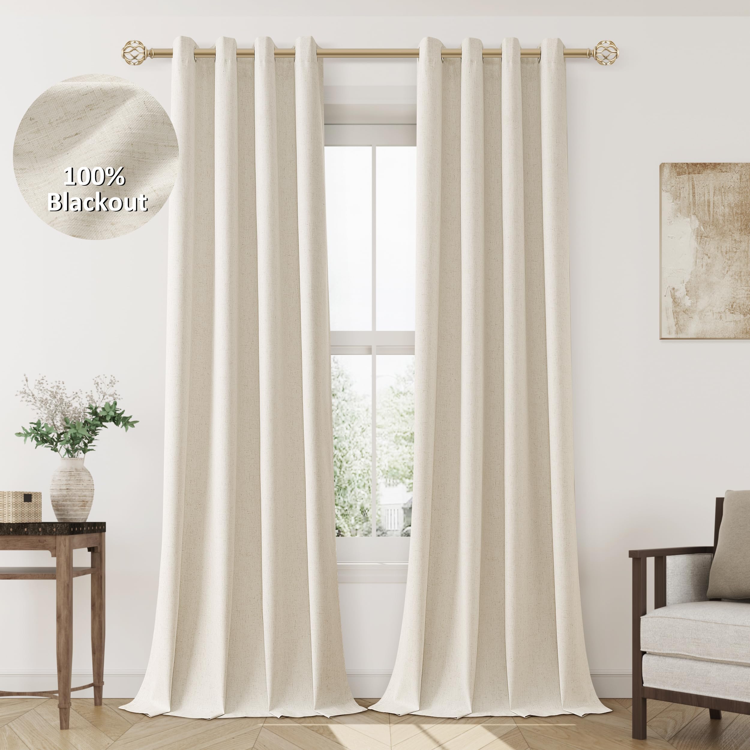 Jowels Beige Linen Blackout Curtains 90 Length 2 Panels Set For Living Room Bedroom, 100% Black Out Thermal Insulated Linen Drap