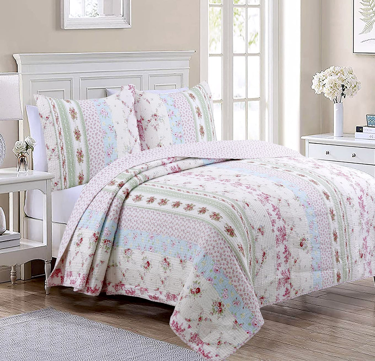 Cozy Line Home Fashions 100% Cotton Real Patchwork Floral Striped Cotton Reversible Quilt Bedding Set, Coverlet, Bedspread (Wild