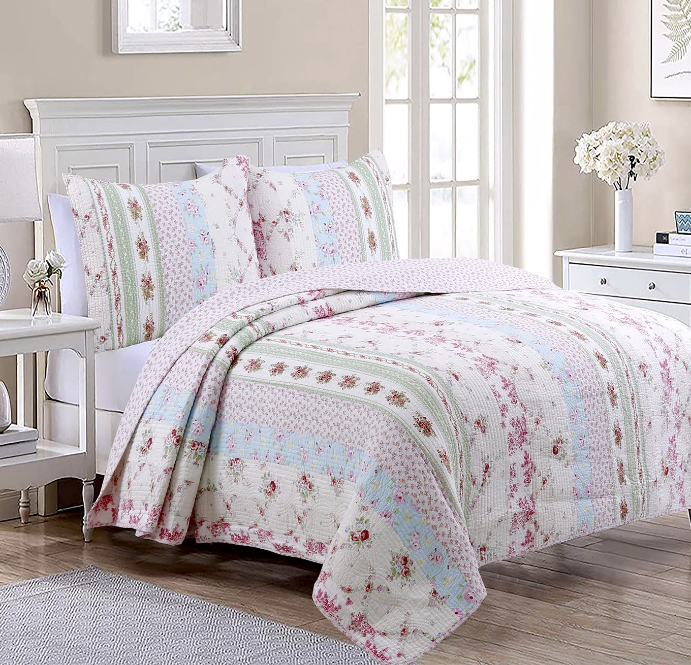 Cozy Line Home Fashions 100% Cotton Real Patchwork Floral Striped Cotton Reversible Quilt Bedding Set, Coverlet, Bedspread (Wild