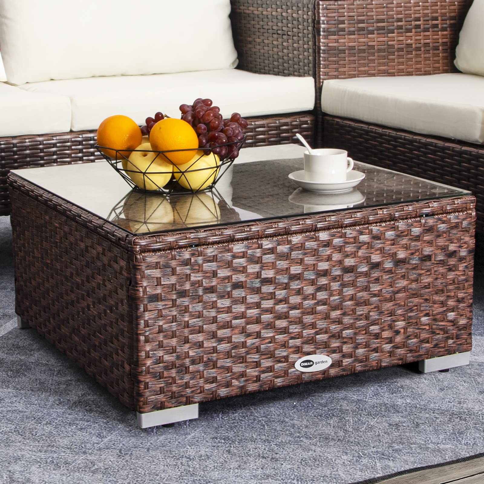 Outdoor Coffee Table For Patio Table Wicker Patio Coffee Table Lawn Garden Rattan Small Coffee Table With Glass Top All-Weather, 25.2In Mixed Brown
