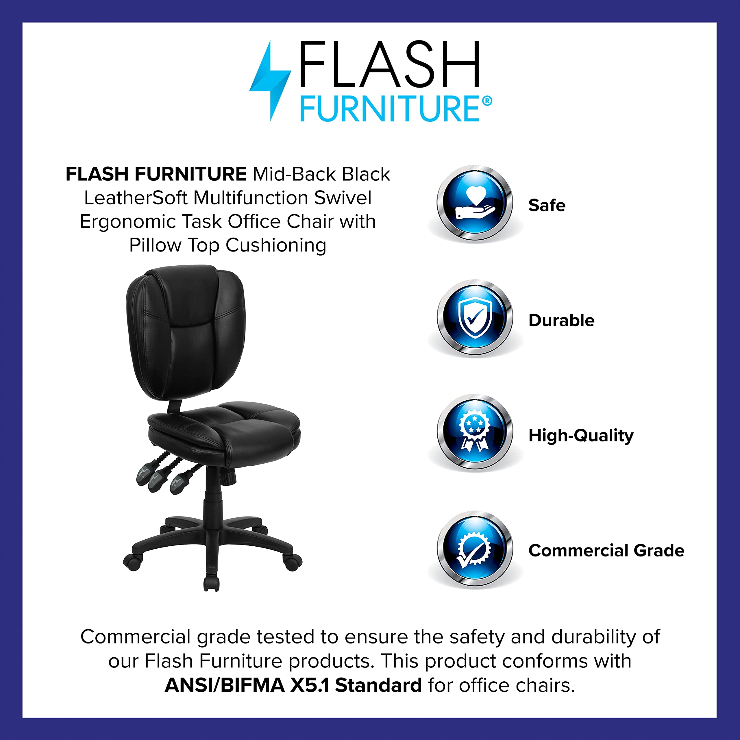 Flash Furniture Caroline Mid-Back Black LeatherSoft Multifunction Swivel Ergonomic Task Office Chair with Pillow Top Cushioning