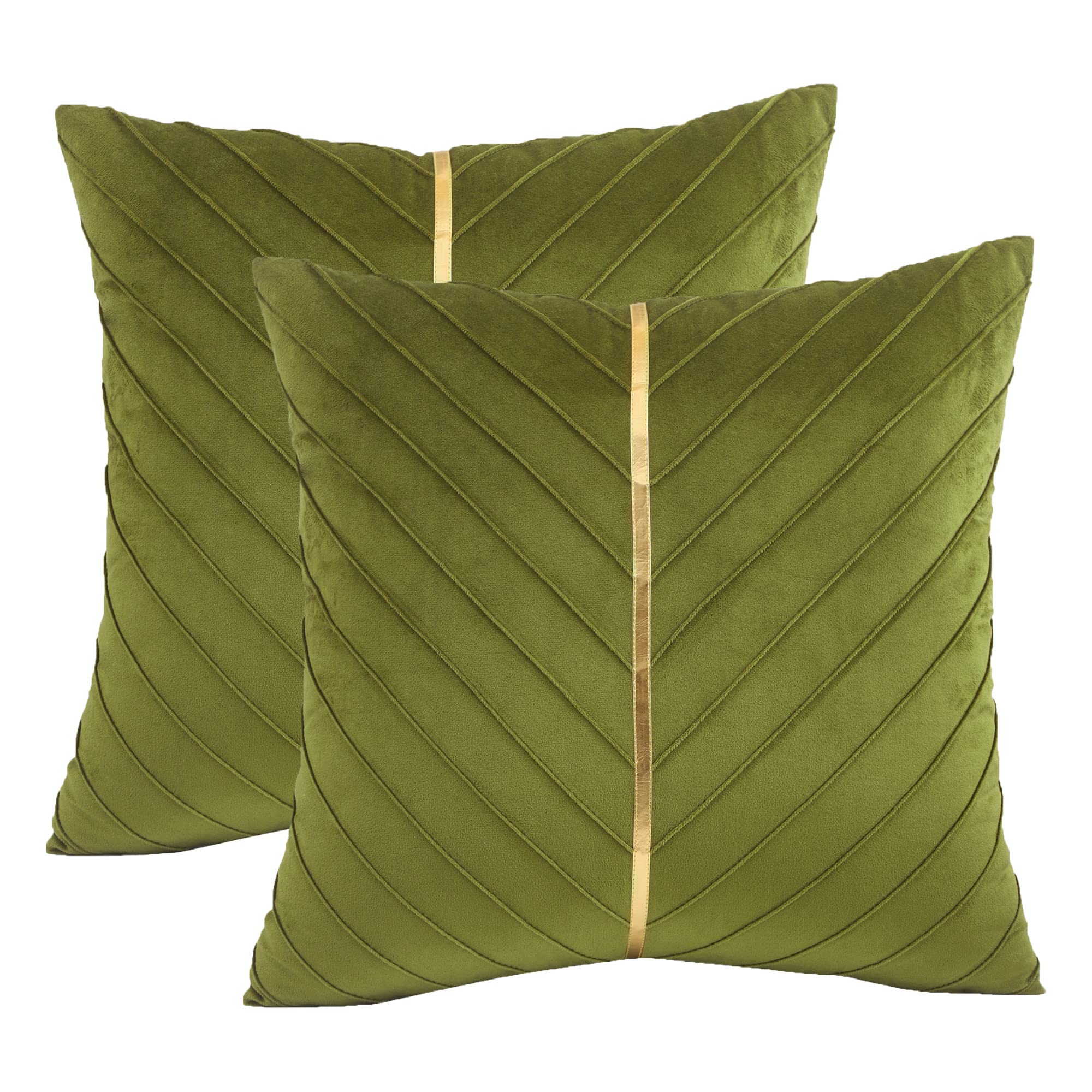 Tosleo Olive Green Velvet Throw Pillow Covers 20X20 Inch Pack Of 2 With Gold Leather Decorative Couch Pillowcases Luxury Modern