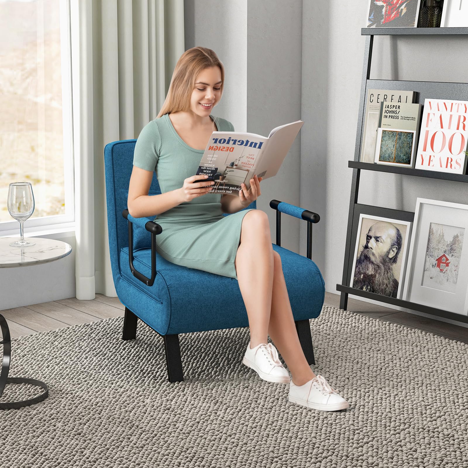 Powerstone Convertible Sleeper Chair Bed, 4 In 1 Living Room Reading Chair With Pillow, Arm And Adjustable 5 Position Backrest Single Sofa Bed, Blue