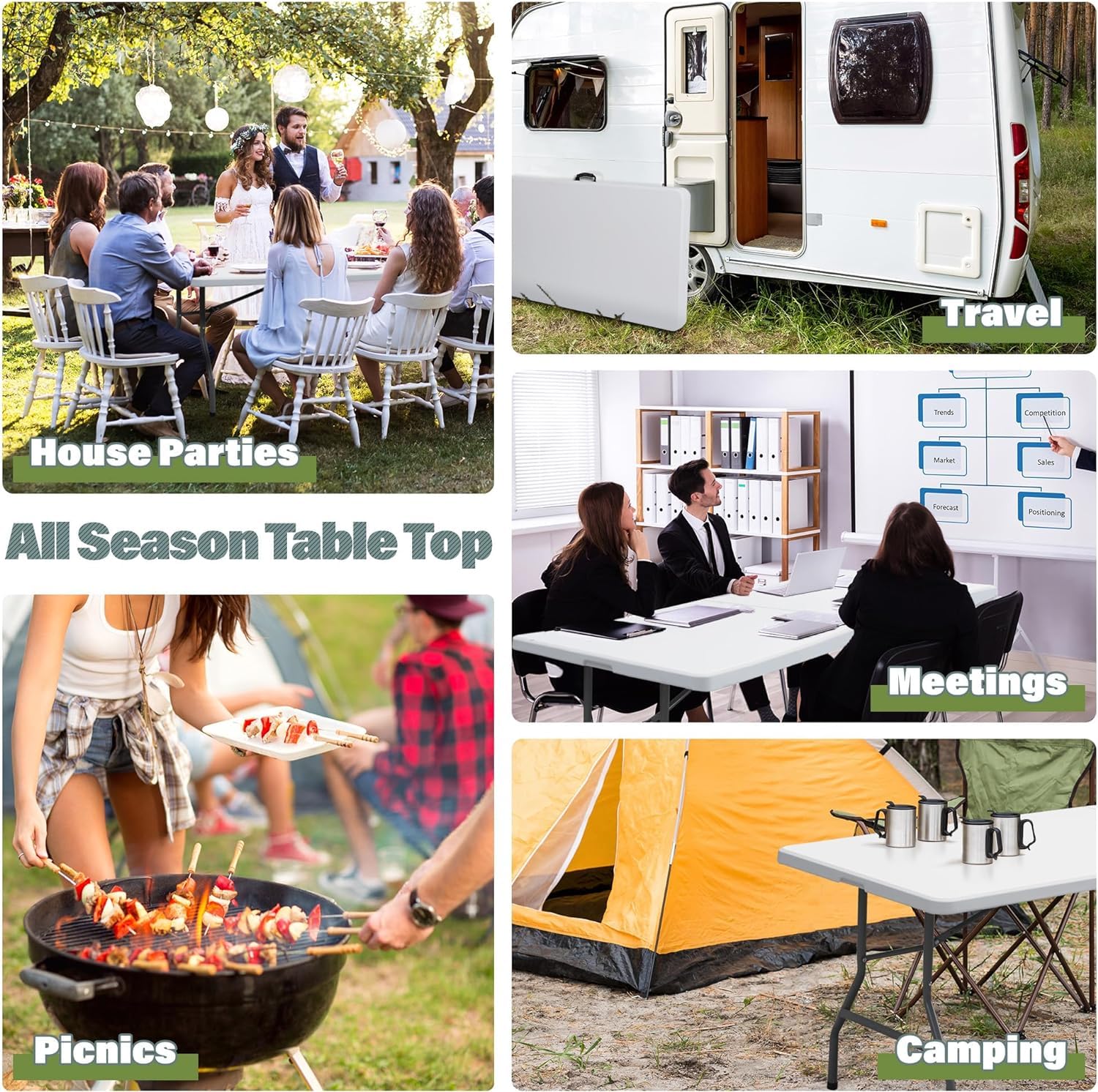 Zeny 6Ft Folding Table, Portable Picnic Table, Plastic Table For Indoor Outdoor Picnic, Party, Camping, Heavy Duty Fold-Up Table With Handle, White