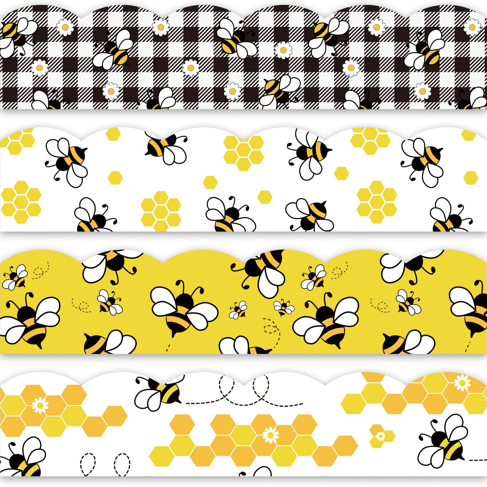 Whaline 60Pcs Bee Bulletin Board Borders 69Ft Yellow Black Cartoon Bee Honeycomb Bulletin Board Sticker Black White Plaid Daisy