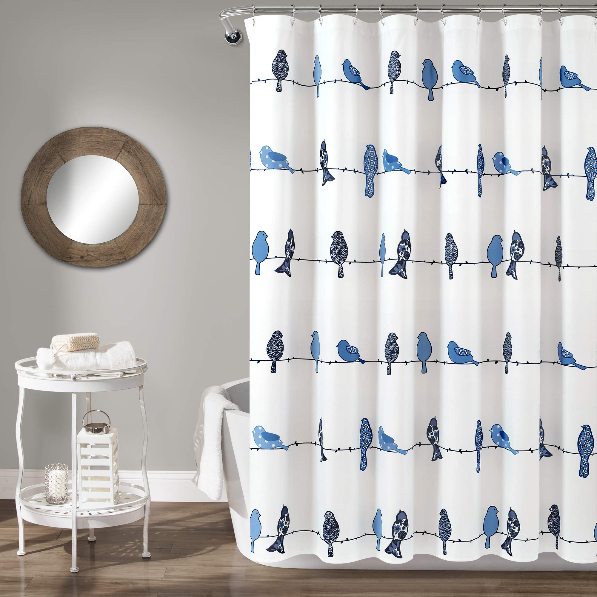 Lush Decor Rowley Birds Shower Curtain, 72    W X 72    L, Navy - Colorful Floral Bird Pattern - Whimsical & Playful Bird Shower