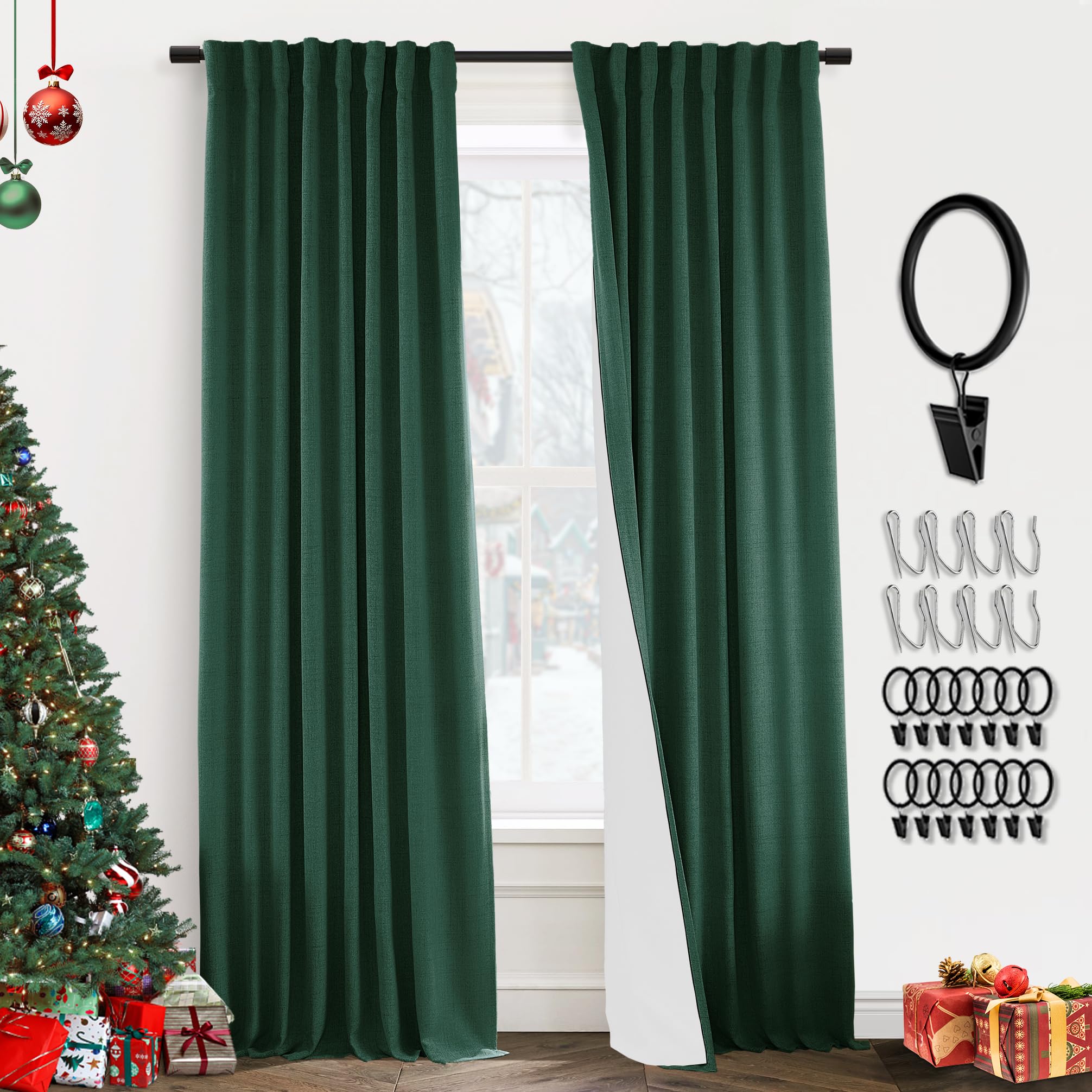 Emerald Green Christmas Curtains for Living Room,Linen Back Tab Black Out Thermal Insulated Blackout Window Curtains 84 Inches L