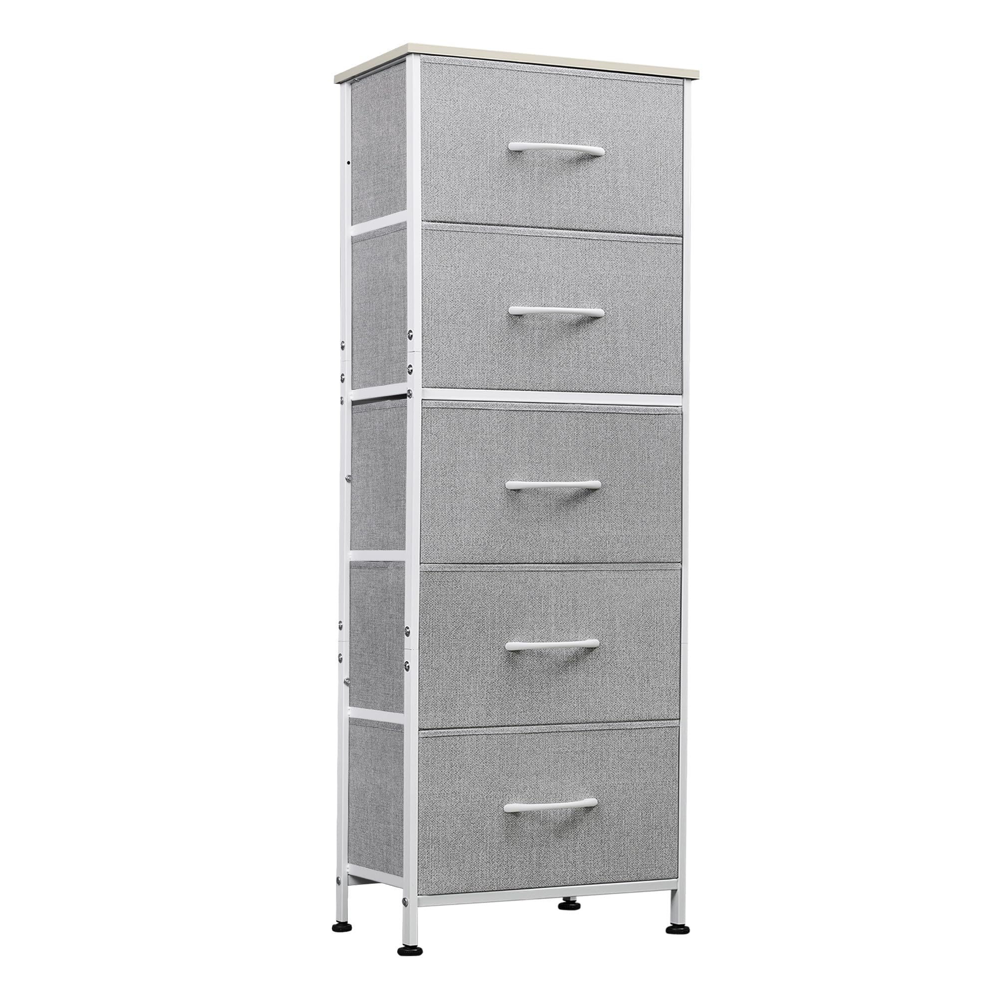 Wlive Fabric Dresser, 5-Drawer Tall Dresser For Bedroom, Storage Dresser Organizer With Fabric Bins, Wood Top, Sturdy Steel Frame, Chest Of Drawers For Closet, Hallway, Light Grey
