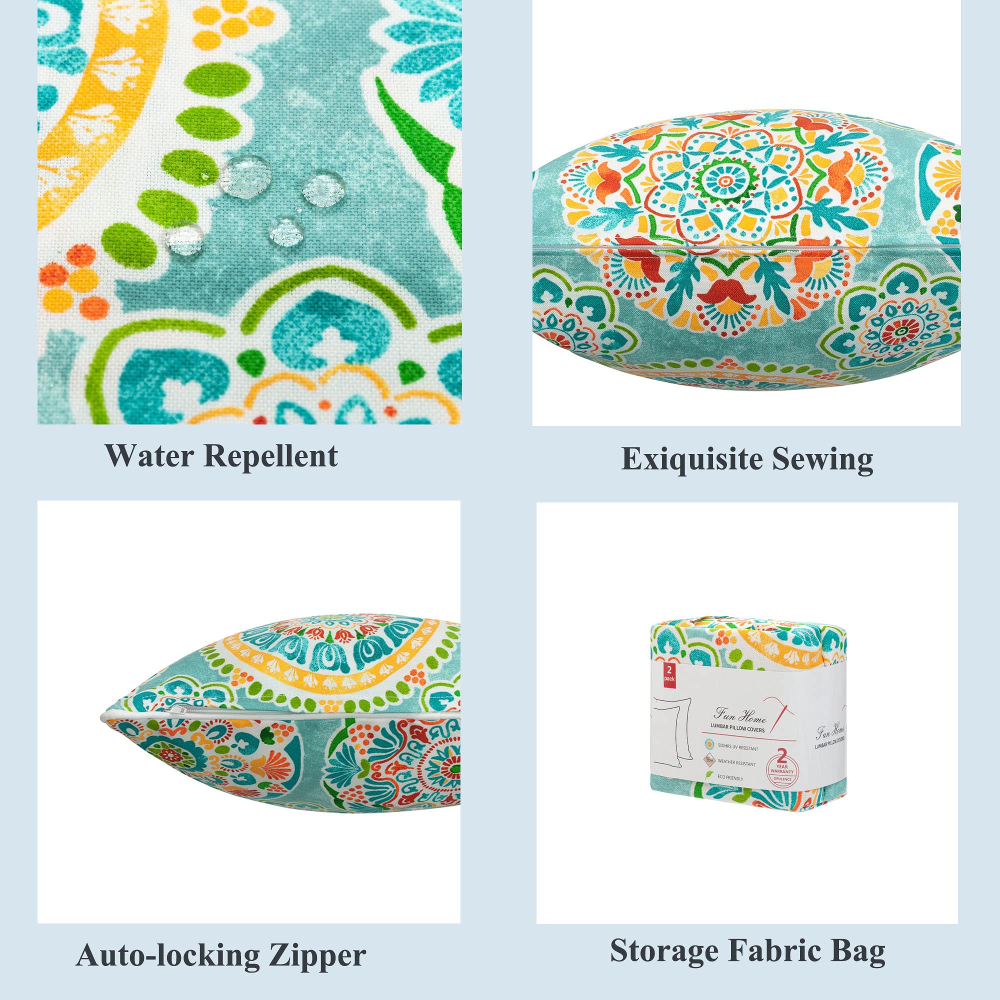 Funhome Indoor Outdoor Lumbar Pillow Covers Only, Waterproof Fade-Resistant Patio Lumbar Cases 12    X 20   , Throw Pillowcase S