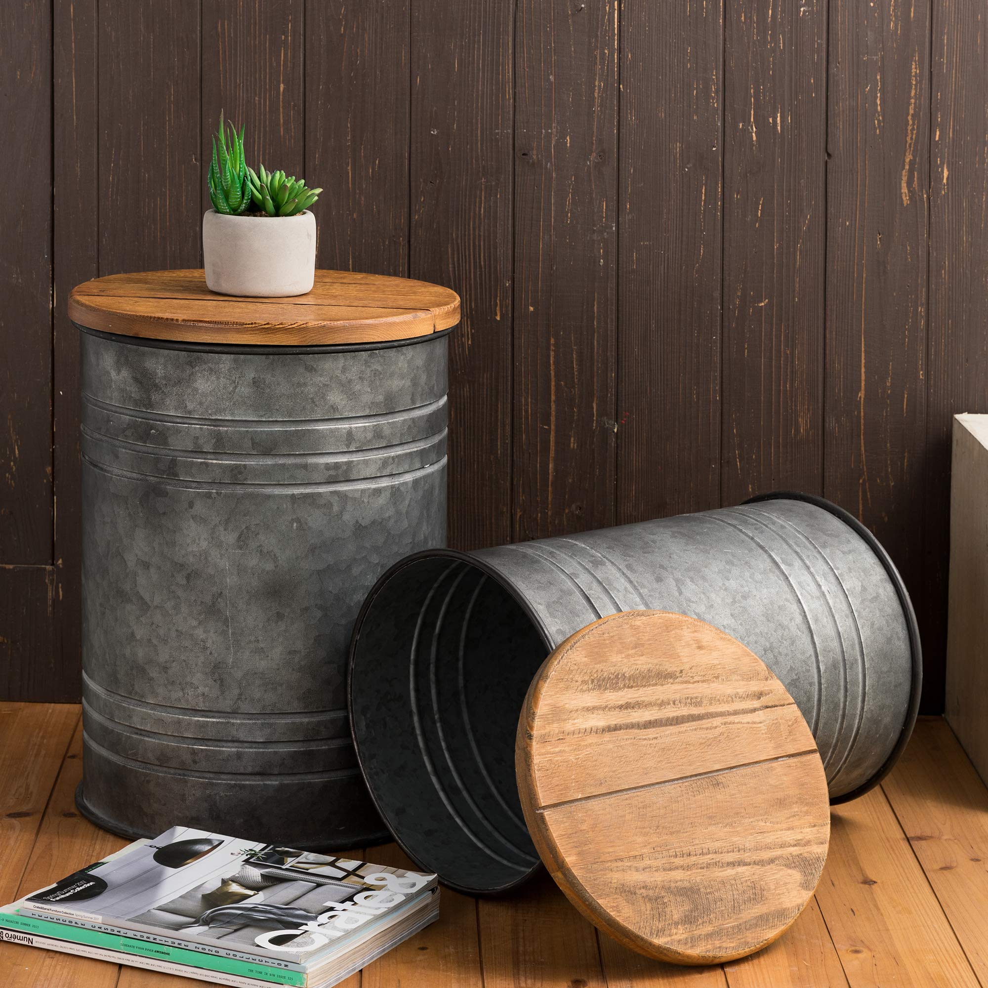 glitzhome Nesting Table with Storage, Set of 2 Farmhouse End Side Tables with Lid, Metal Barrel Rustic Accent Stools for Living 