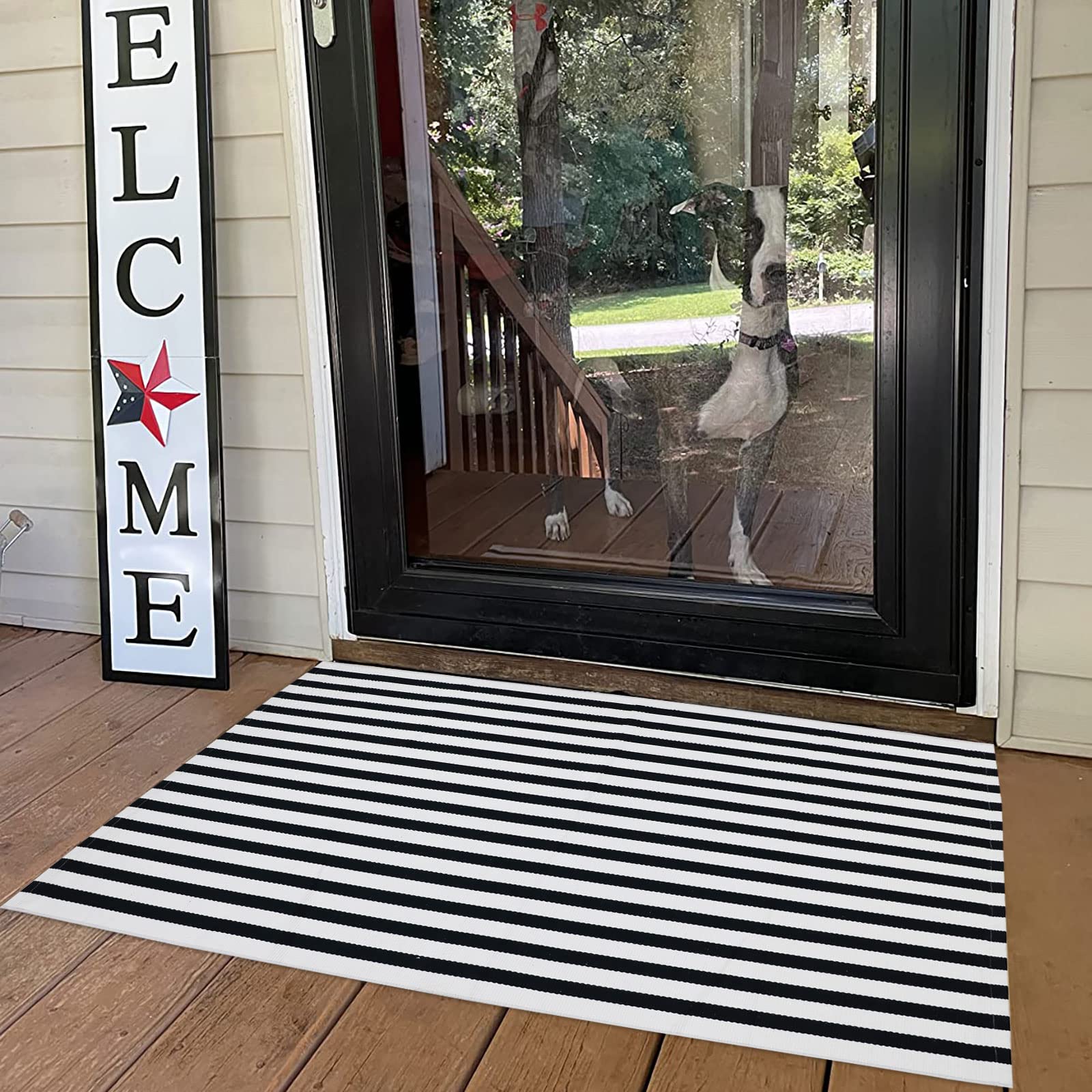 Black And White Striped Outdoor Rug Halloween Front Porch Rug Washable Farmhouse Fall Layered Door Mat Cotton Hand-Woven Welcome
