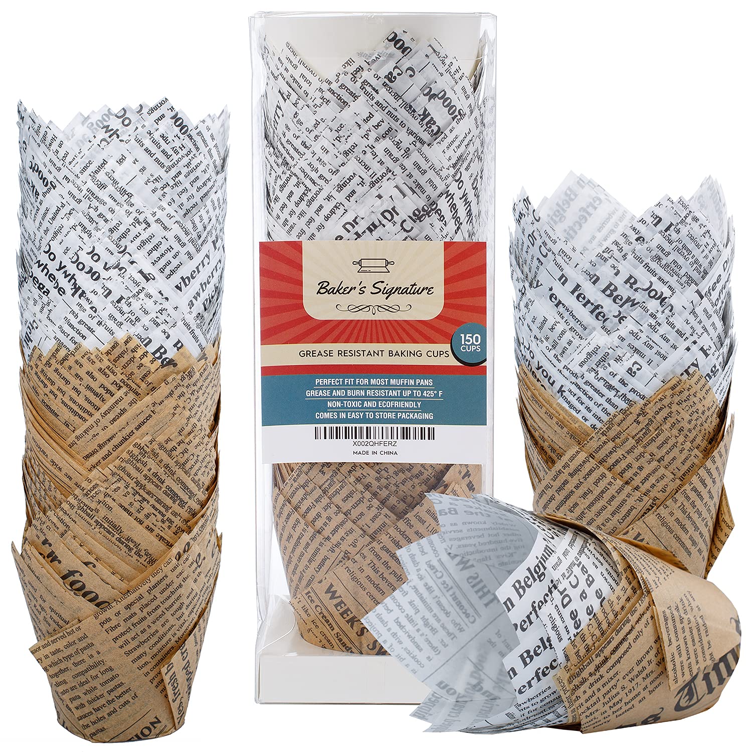 Bakers Signature Tulip Baking Cups Newspaper Pattern Paper Cupcake  Muffin Liners Pack Of 150  Grease Resistant Wrappers - Will