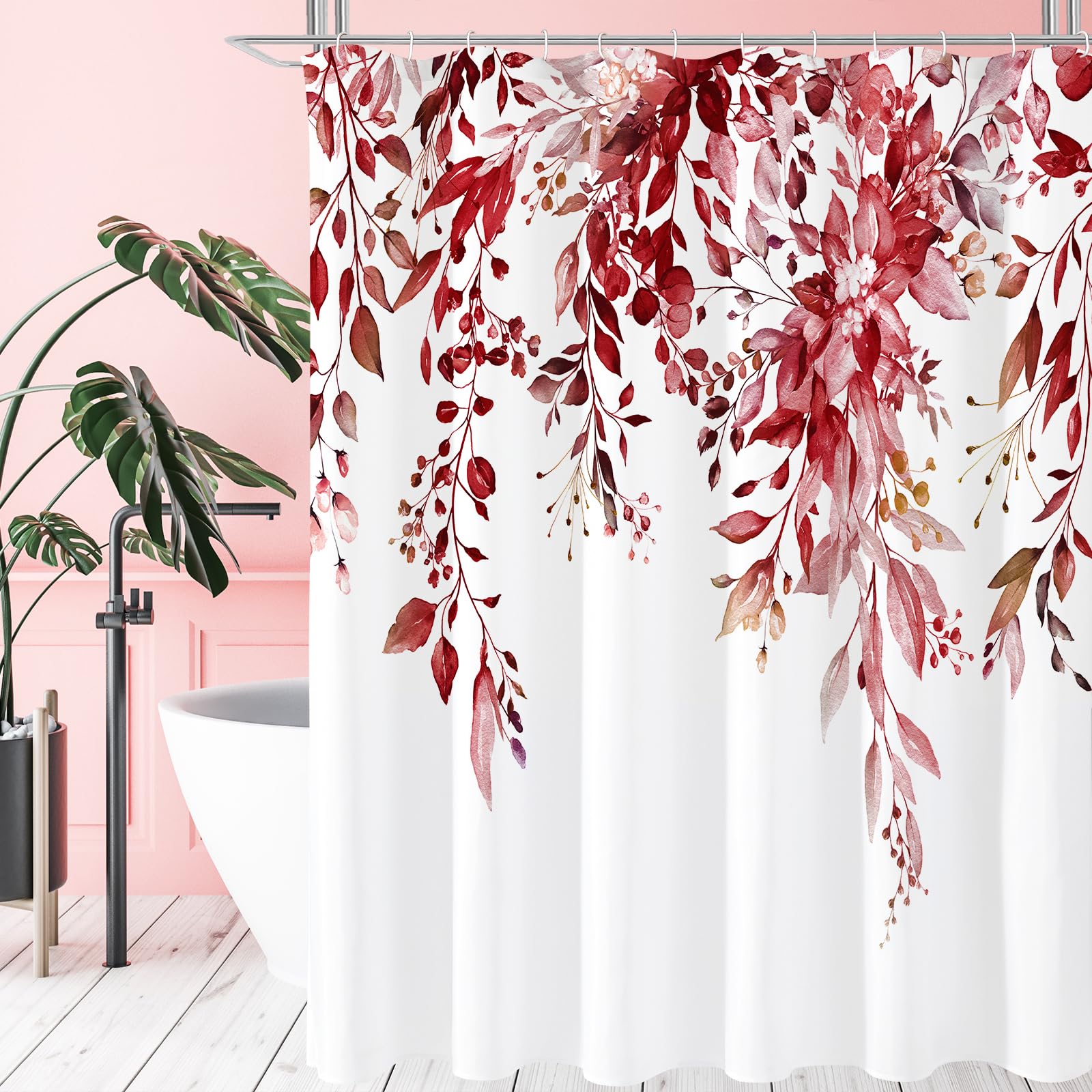 Gibelle Extra Long Shower Curtain 72 x 84, Tall Burgundy Red Floral Shower Curtain for Bathroom, Watercolor Plant Eucalyptus Lea