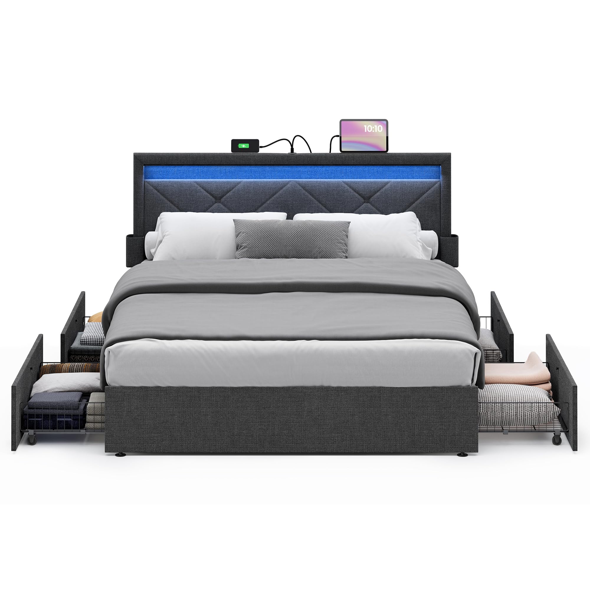 VASAGLE LED Bed Frame Queen Size, Queen Bed with Headboard and 4 Drawers, 1 USB Port and 1 Type C Port, Adjustable Upholstered H